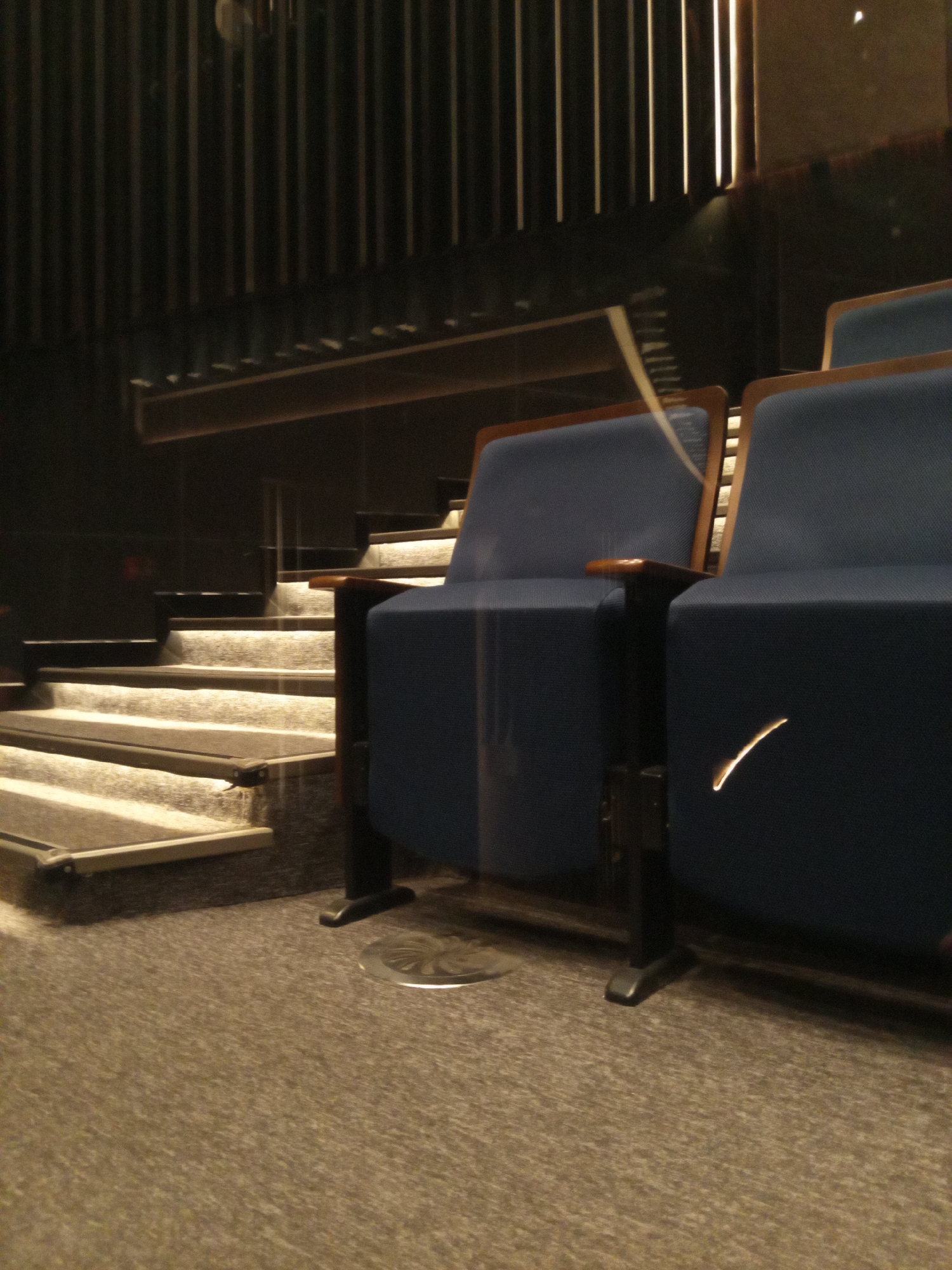 The image depicts the interior of a theater or auditorium. Rows of blue upholstered seats with wooden armrests are visible. Stairs with integrated lighting ascend adjacent to the seating area. The walls are dark, with vertical striped patterns and possibly some decorative lighting. The floor is carpeted. The scene appears dimly lit. There are no people visible in the immediate foreground. The location is not evident from the image.