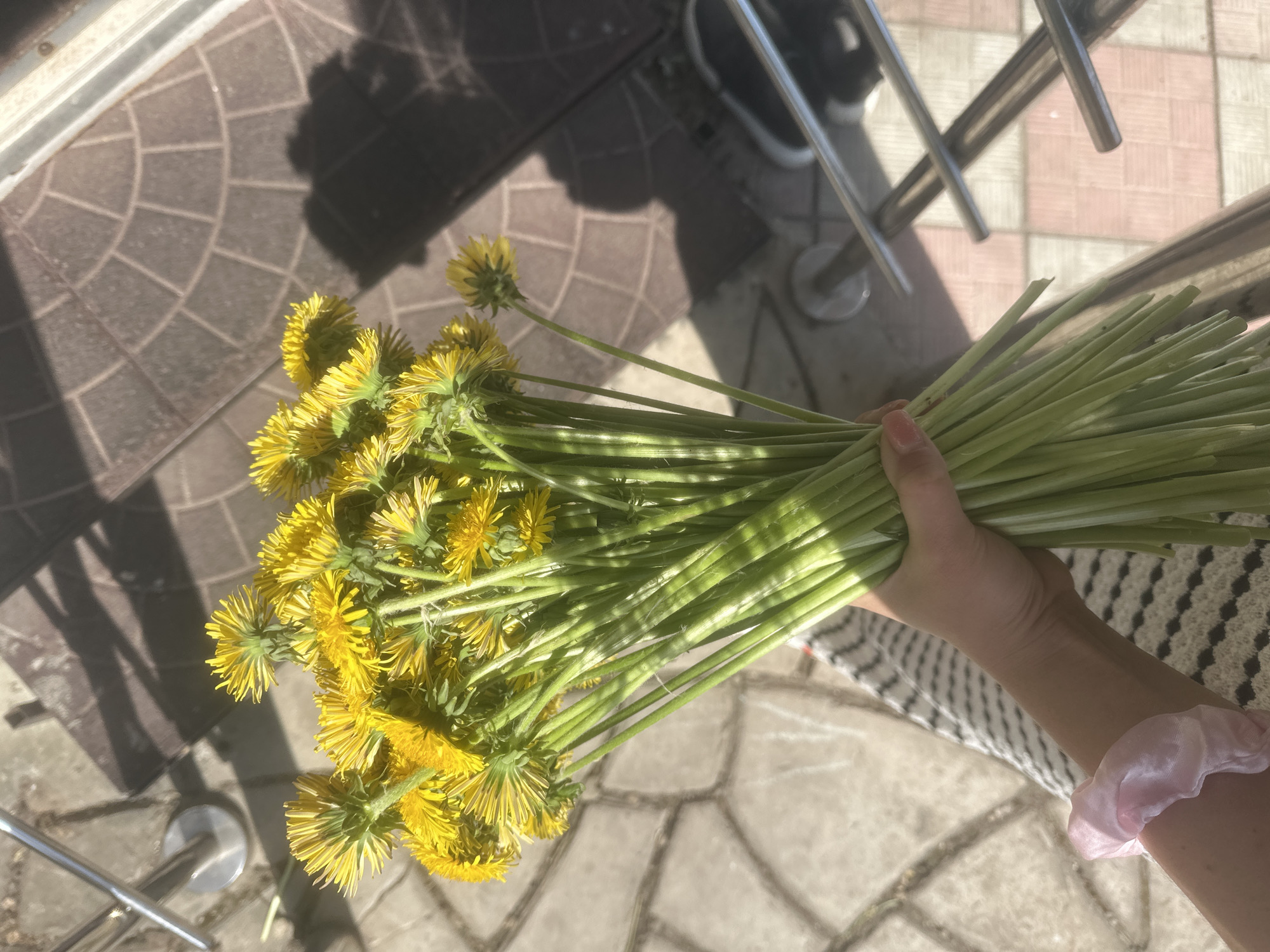 A person holds a large bouquet of dandelions. The background includes a patterned tiled ground and the leg of a chair or table. The scene is outdoors in sunlight. It is not possible to determine the location as Nizhny Novgorod, Russia, based on the visual information in the image.