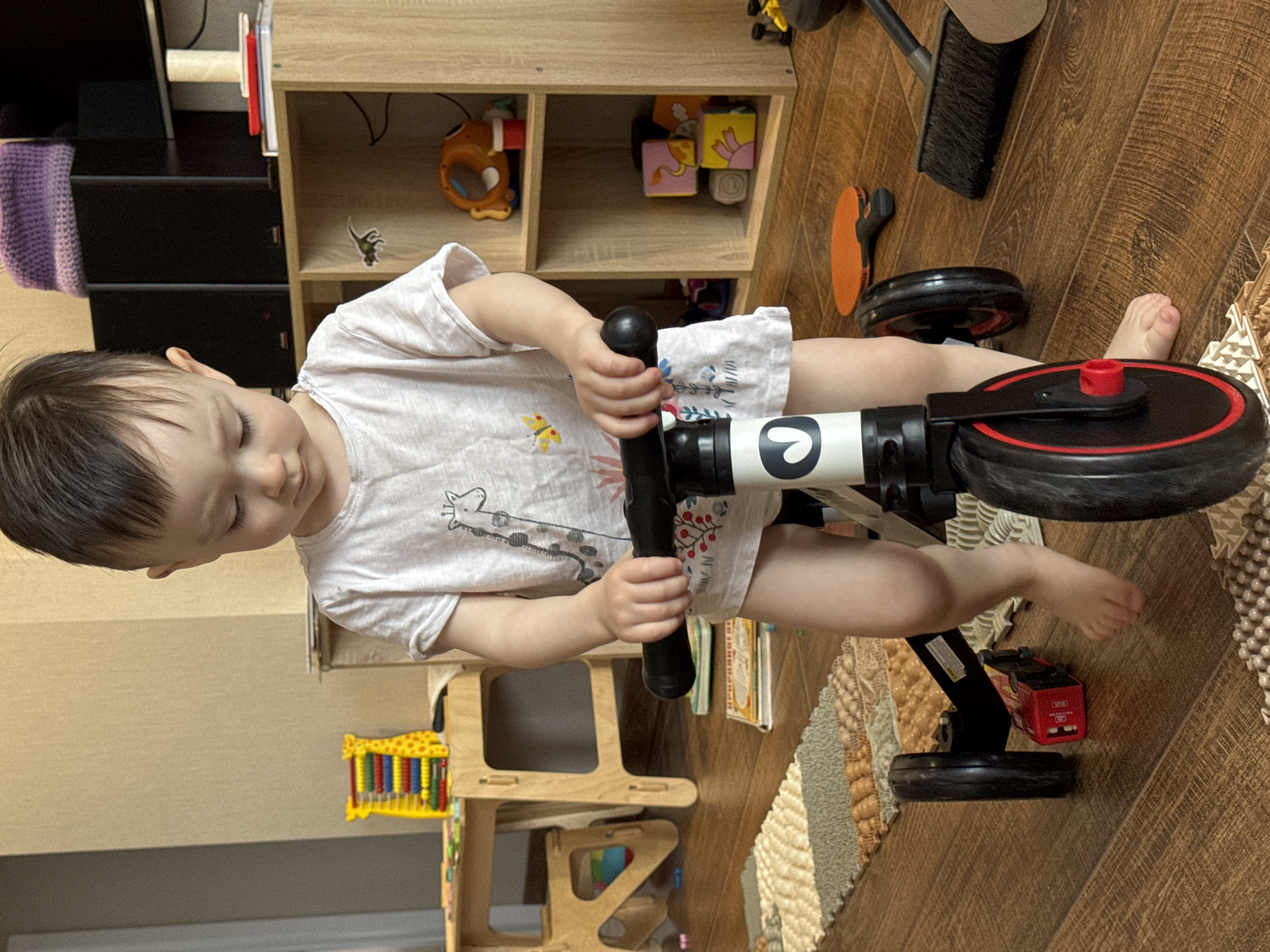 This image, captured in an indoor setting in Izhevsk, Russia, features a young child, likely a toddler, actively engaged with a balance bike or tricycle. The child, with dark hair, is wearing a light-colored short-sleeved t-shirt adorned with a black outline of a giraffe, a yellow butterfly, and delicate floral motifs. They are seated on the bike, holding the black handlebars with both hands, and appear focused on their hands or the bike itself, looking downwards. Their bare feet are placed on the wooden plank flooring.
The balance bike is predominantly black and white, featuring a distinctive black symbol resembling a stylized 'S' or a spiral on its white frame. Red accents are visible on the front wheel axle. The surrounding environment suggests a child-friendly space. To the child's left, a wooden shelving unit contains various toys, including colorful building blocks (some pink with animal faces), an orange-brown toy, and a small green dinosaur figurine. A black low cabinet or entertainment unit, partially covered by a purple knitted item, is also visible.
On the wooden floor, a small red toy truck or bus, with the word "BUS" clearly visible on its side, rests near the bike's rear wheel. A broom and dustpan are positioned further back. The room's decor includes light beige walls, consistent wooden plank flooring, and a multi-colored, patterned woven rug on the right side of the frame. In the background, a wooden child-sized table or chair set and a yellow xylophone/abacus toy add to the playful atmosphere. The scene conveys a bright, daytime setting indoors.