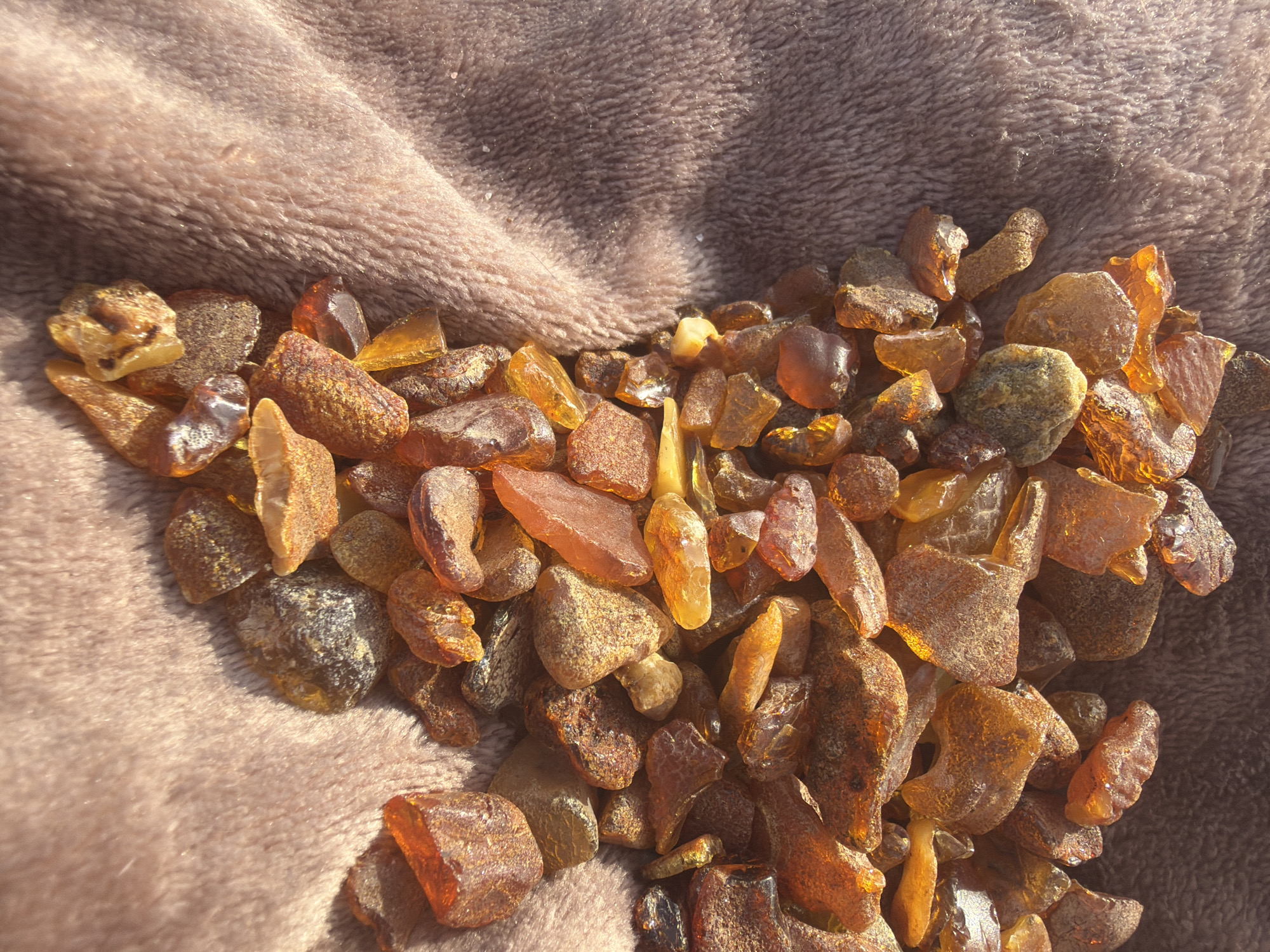A close-up, overhead shot displays a pile of rough, amber-colored stones resting on a textured, pinkish-brown fabric. The stones vary in size and shape, with many exhibiting angular facets and translucent qualities. Some are a deep orange-brown, while others are lighter yellow. Sunlight casts shadows across the fabric and illuminates the amber, highlighting its crystalline appearance. The fabric appears to be a soft, plush material, possibly a blanket or scarf. There are no people or signs of activity in the image. The image does not contain information regarding the location of Baltiysk, Russia.