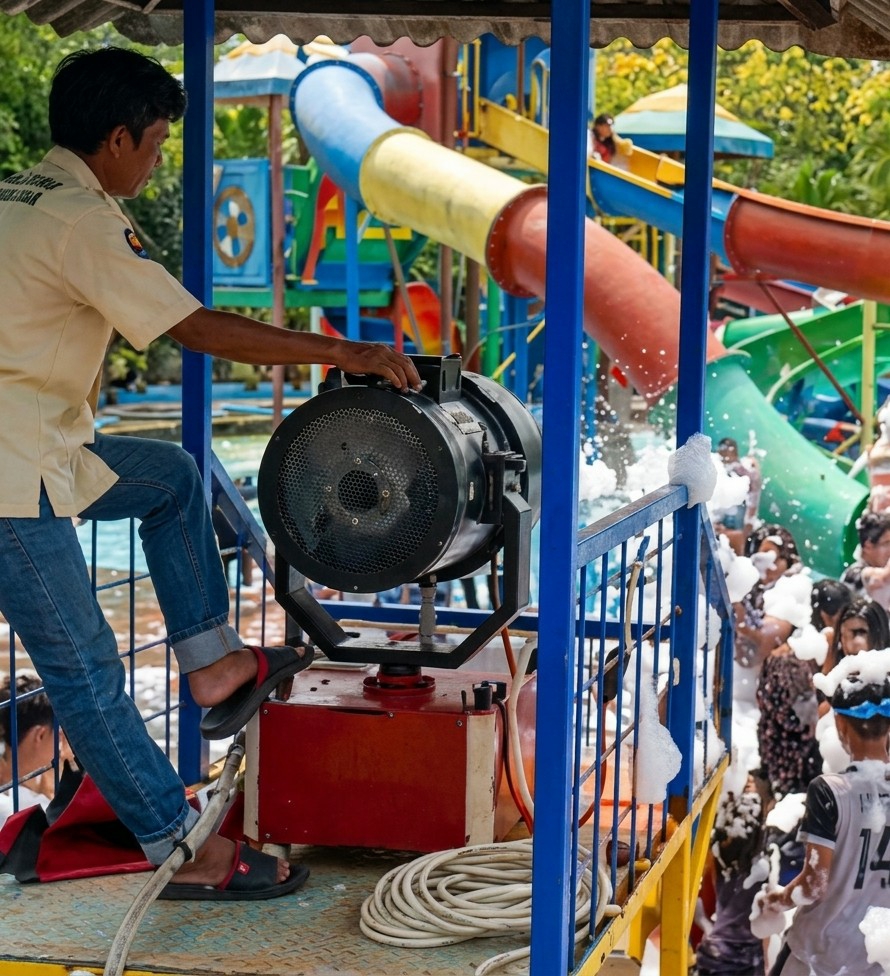 A man stands on a platform, operating a large foam machine at the Hairos Water Park in Durin Simbelang, Indonesia. He wears a short-sleeved beige shirt, blue jeans, and sandals, and is positioned next to the machine, which is on top of a red box. The machine sprays foam onto a crowd of people gathered below. Water slides in bright colors are visible in the background. A coiled white hose rests on the platform near the machine.