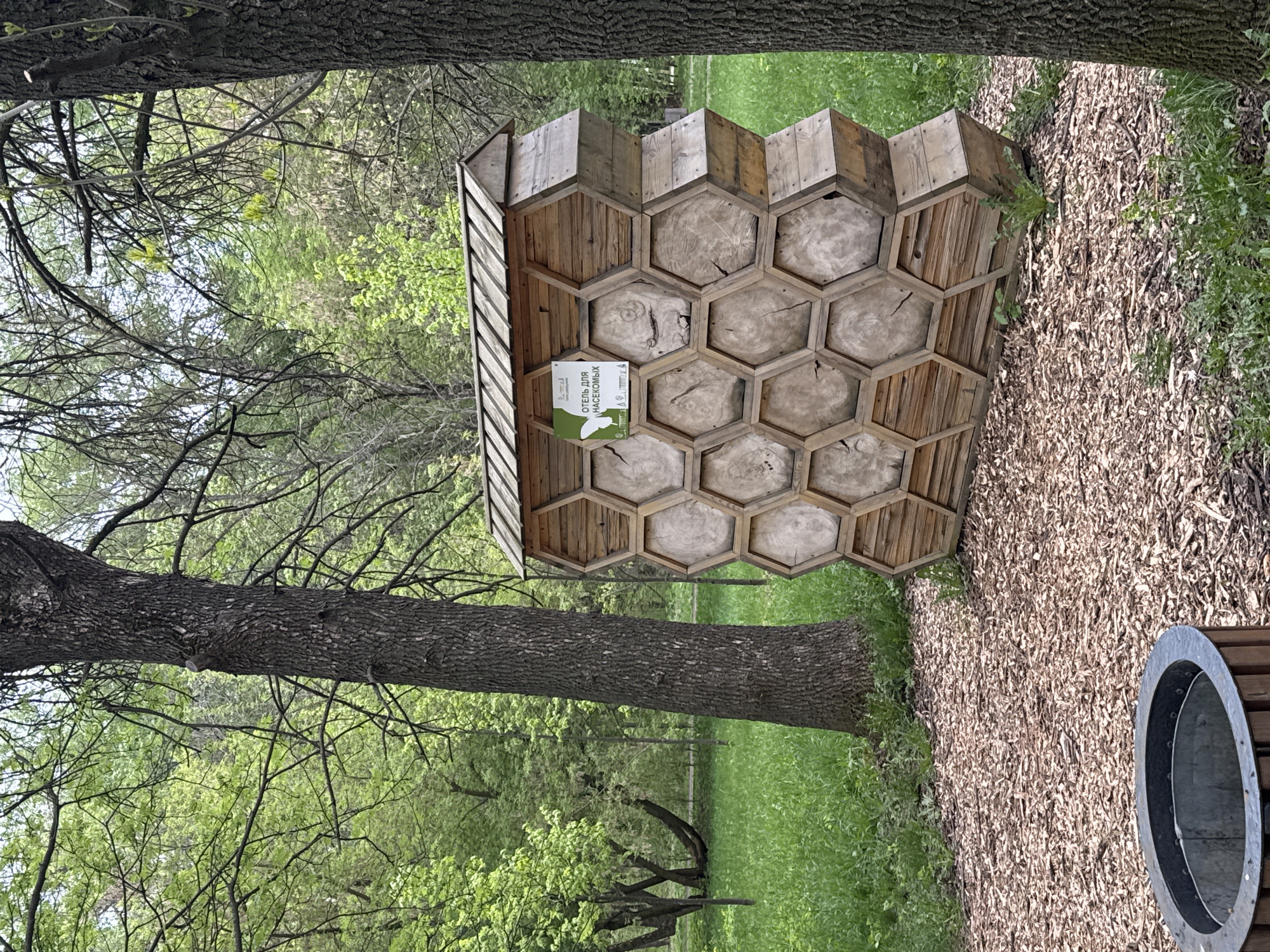 The image depicts an "Insect Hotel" located in a park in Nizhny Novgorod, Russia. The structure is constructed of wood in a honeycomb pattern, with hexagonal compartments filled with tree trunk slices. It has a small roof. A sign in Russian indicates that it is a hotel for insects. The hotel sits on a bed of bark mulch adjacent to a grassy area. A large tree trunk is visible to the left of the structure. A metal bin is situated on the right side of the frame. The background consists of trees and foliage, typical of a park setting.