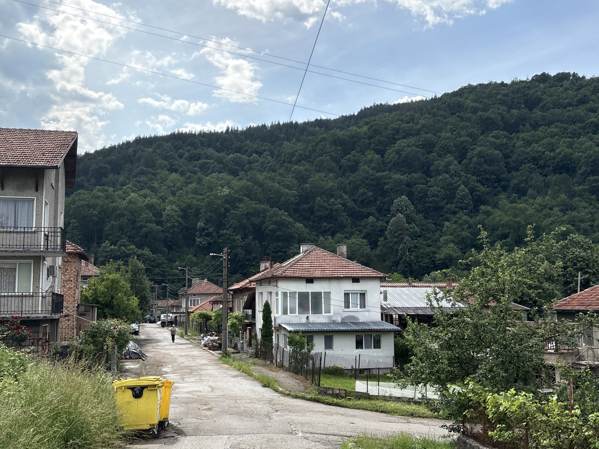 The image depicts a residential street in a village located at the foothills of a densely forested mountain in the municipality of Gabrovo, Bulgaria. The scene is captured on a cloudy day with patches of blue sky visible. A paved road runs through the center of the frame, lined with houses of varying architectural styles and ages, most of which have red tile roofs. Some of the houses appear to be older, made of brick, while others are more modern with white plaster exteriors.
On the left side of the road, a multi-story building with balconies and a red tile roof is prominent. In the foreground, two bright yellow garbage bins are placed next to a patch of tall, green grass. Further down the street, a lone person, appearing to be an elderly male wearing a light-colored shirt and dark pants, is walking away from the camera. Several cars are parked along the roadside, and some houses have fences and overgrown vegetation. Electrical wires are strung across the sky, supported by utility poles.
The mountain range behind the village is covered in a thick, dark green forest, indicating a natural, possibly rural, setting. The overall impression is one of a quiet, somewhat aged village nestled within a scenic, mountainous landscape.
