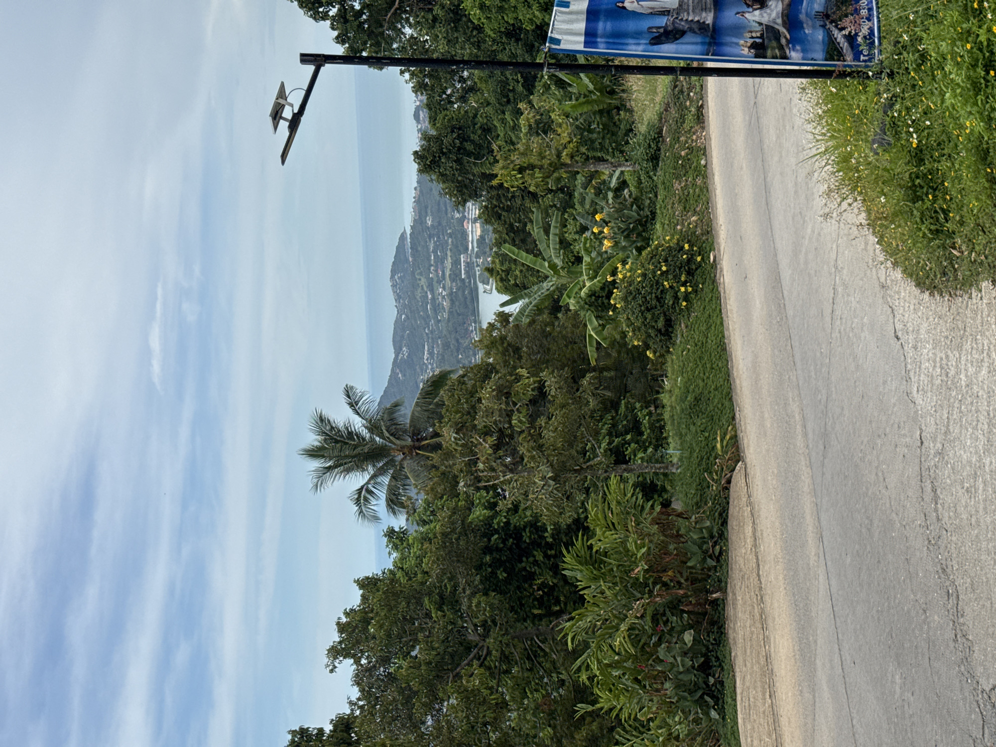 A scenic overlook on an overcast day shows a winding road in the foreground leading towards a lush, green landscape dotted with palm trees. In the distance, a town or village is nestled along the coast, with buildings and infrastructure visible against the backdrop of the ocean and rolling hills. A solar-powered street lamp stands to the right of the frame, and a vertical banner with religious imagery is attached to its pole. The sky is filled with a mix of clouds and clear patches, suggesting a dynamic weather pattern. The overall impression is one of a tropical paradise with a developing urban center.