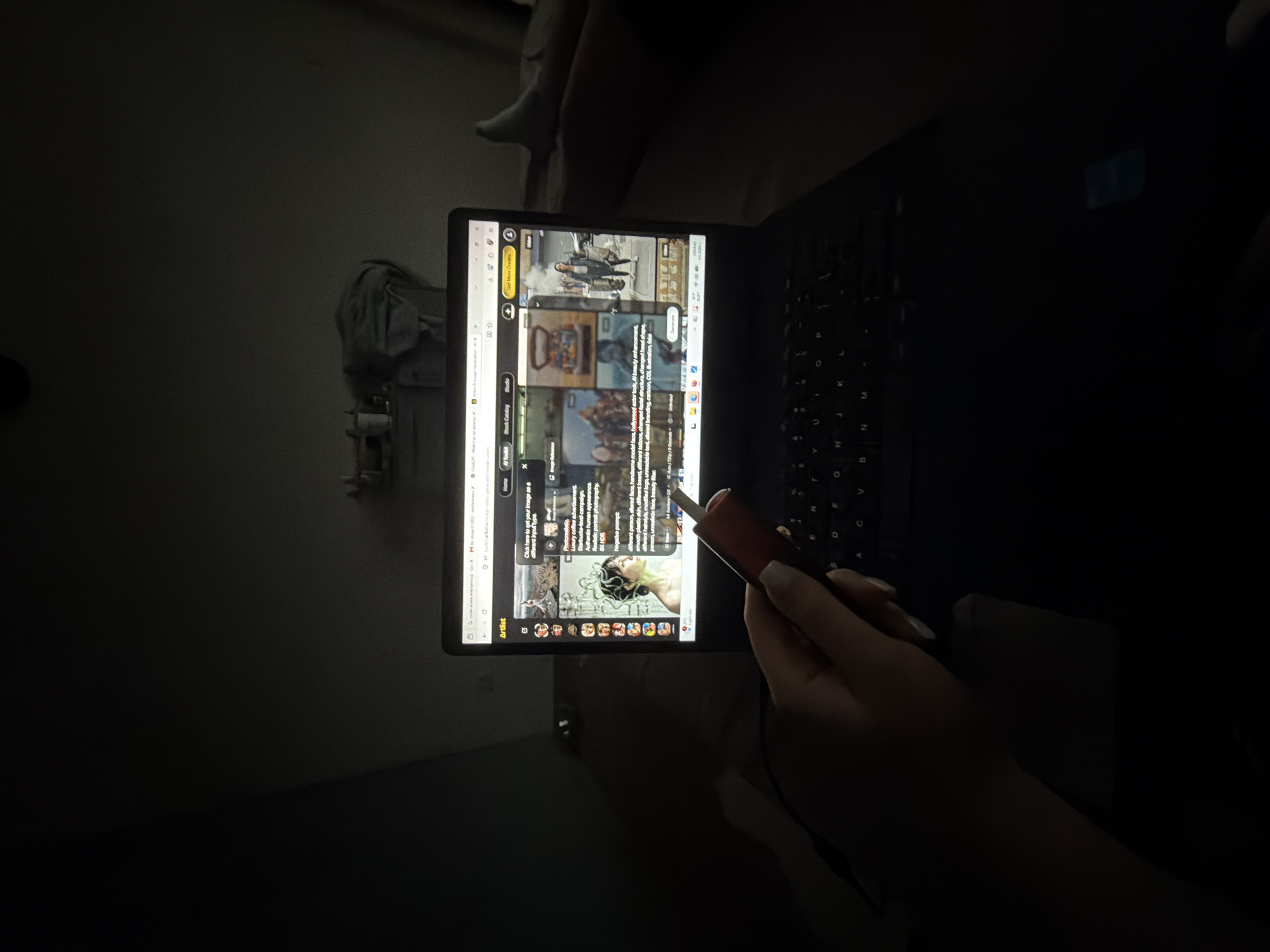 The dimly lit media file captures a person's hand holding a red and white stylus, interacting with the screen of an open laptop in an indoor setting in Priseltsi, Bulgaria. The environment is dark, suggesting nighttime or a room with low light.
The laptop screen displays a web interface for an "AI Video & Image Generation" tool, open to the "AI Tools" section. Visible tabs in the browser include "ChatGPT: Майстор на запит" and "Video & Image Generation - AI X+". The AI tool shows sections like "Stock Catalog" and "Studio." Content on the screen includes an "Image Reference" area and various settings. A "Photorealistic" option is highlighted, alongside text prompts such as "luxury coffee advertising," "Starbucks-level campaign," "Authentic photography," and "BK HDR." Below these, a "Negative prompt" section lists terms like "handsome model face, hollywood actor look, Al beauty enhancement, different tattoos, changed facial structure, changed head shape, registered branding, cartoon, CGI, illustration, fake." A "Generate" button and "Get More Credits" are also visible. Various thumbnail images are displayed within the interface, likely examples or input options for the AI generation. The keyboard of the laptop is partially visible, illuminated by the screen's glow. The background is largely obscured by darkness, with only faint, indistinct shapes suggesting furniture or bedding.