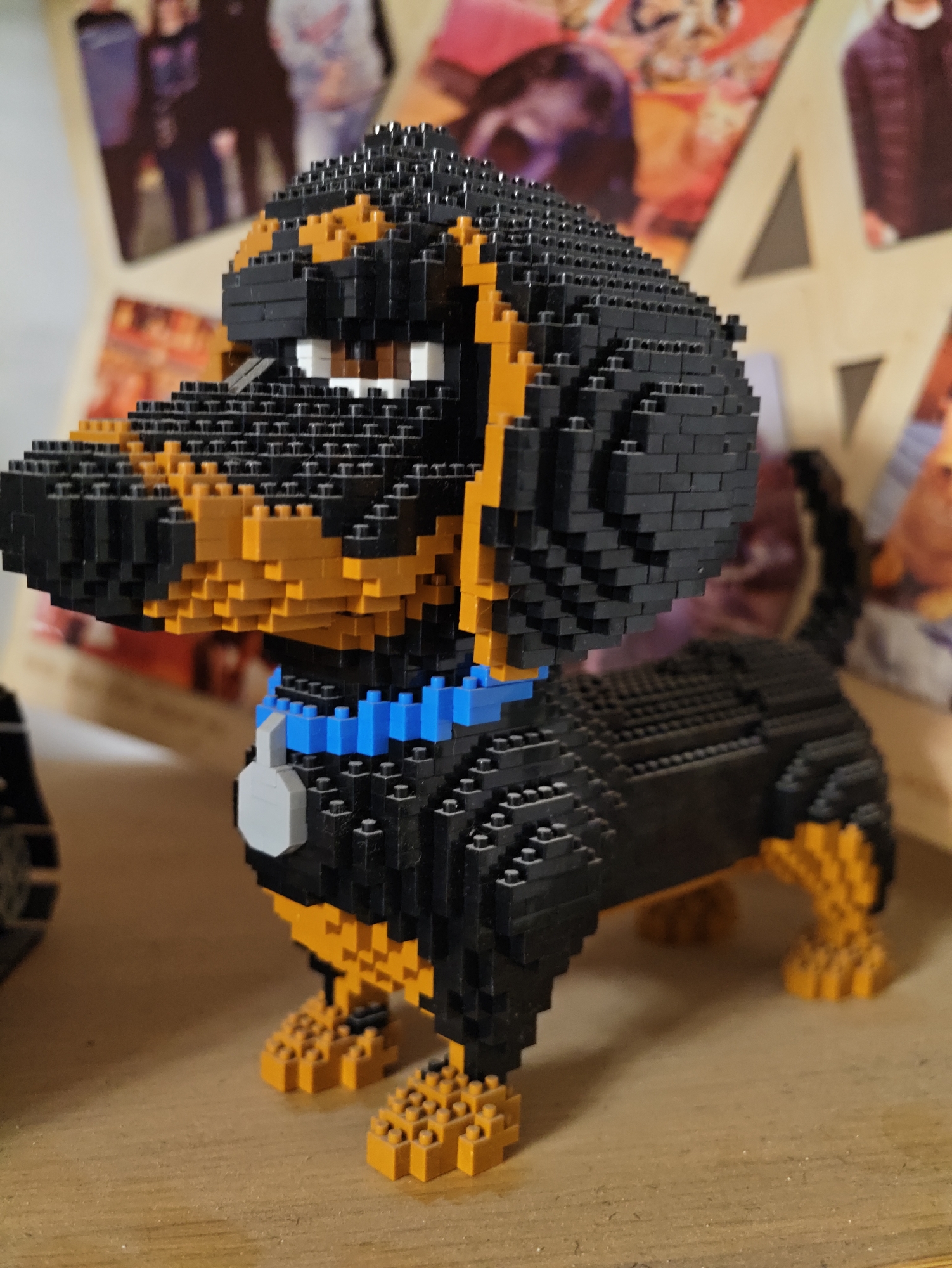 A close-up, eye-level shot shows a black and tan dachshund figurine made of small, interlocking plastic bricks, possibly Lego or a similar brand. The dog is positioned on a wooden surface, likely a table or shelf. The figurine has a blue collar with a grey tag. In the blurred background, several framed pictures with people are visible, suggesting a home or display environment. The lighting is soft, highlighting the textured surface of the brick construction. The image appears to be taken indoors.