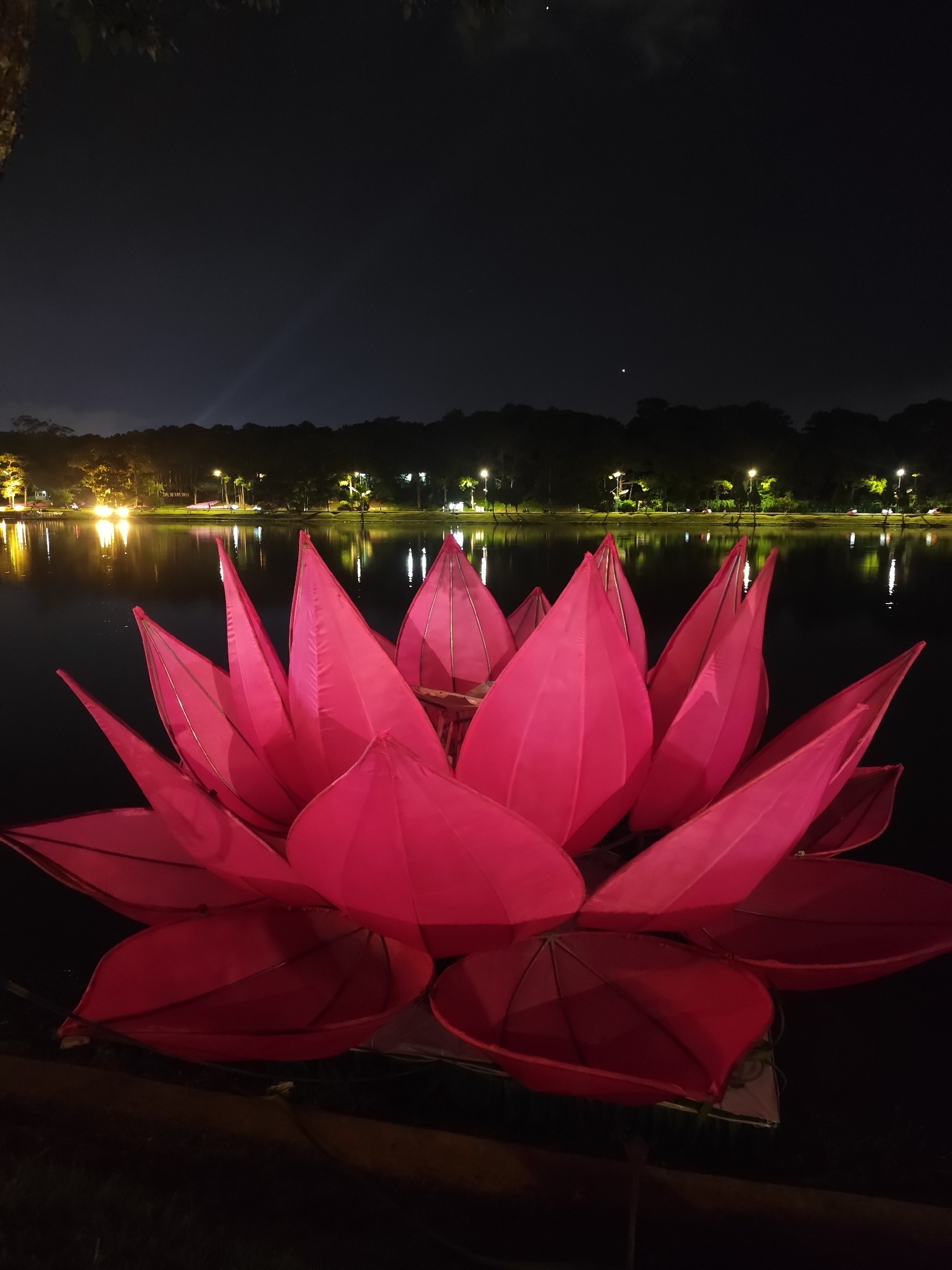 A large, illuminated, artificial pink lotus flower floats on a body of water at night. The water reflects the lights from buildings and street lamps on the opposite bank. Trees line the bank. The sky is dark, with a few visible stars. This is likely Xuan Huong Lake in Da Lat, Vietnam.