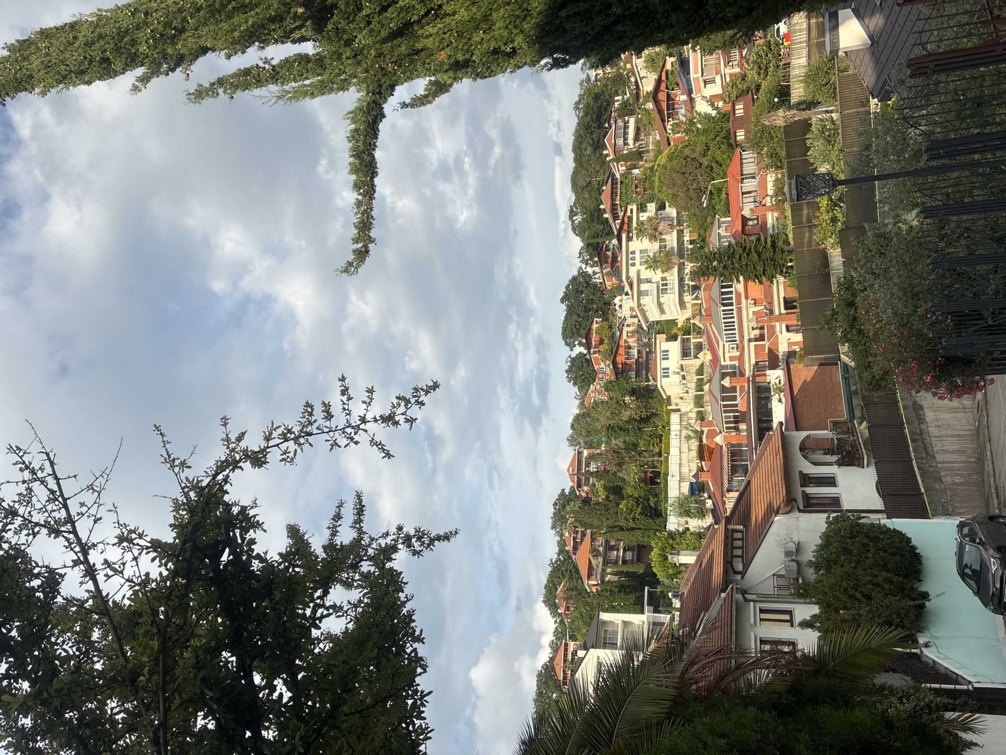 This is an exterior, eye-level, medium shot of a residential hillside in Sochi, Russia, under a cloudy sky. The scene is dominated by houses with red-tiled roofs and white or light-colored walls, nestled among lush green trees. The houses are built on varying levels of the hill, creating a tiered effect. In the foreground, parts of trees with dark green leaves frame the left and right sides of the image. A dark-colored SUV is parked on a paved street in the lower left portion of the image. A black metal fence runs along the street and continues up the hillside, separating properties. The overall impression is one of a well-established, affluent residential area with abundant greenery.