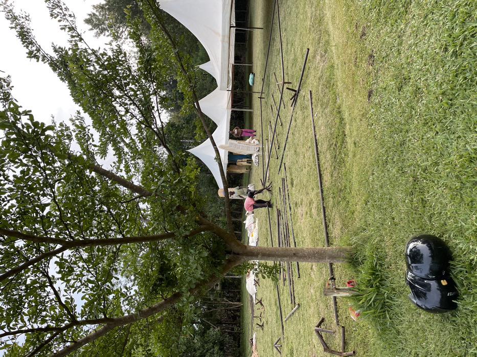 This photograph, taken in Makuyu, Kenya, captures an outdoor scene where preparations for an event are underway. The image is rotated, showing a landscape oriented vertically.
In the foreground to the left, a large tree with dense green foliage and a sturdy trunk dominates the frame. The tree's branches extend upwards, obscuring part of the sky. To the right, a black motorcycle helmet with the text "ITA" visible on its side rests on the vibrant green grass.
The mid-ground reveals the main activity: people are setting up multiple white canopy tents on a grassy field. Several sections of white tent fabric are visible, some already erected into structures, while others appear to be part of ongoing assembly. Underneath and around the tents, stacks of white plastic chairs are neatly arranged, indicating seating for an event.
Workers are actively involved in the setup. One individual, dressed in a pink shirt and dark trousers, is kneeling on the grass, seemingly engaged in assembling or arranging black metal poles that are scattered across the ground. These poles are likely components for the tent structures. Other figures are visible further back near the tents, also appearing to assist with the preparations.
The setting is an open field or garden with lush green grass. In the background, more trees and dense foliage line the perimeter, suggesting a natural and spacious environment. The sky above appears bright but overcast, indicating daytime with diffused light and no harsh shadows. The overall scene conveys a sense of industrious activity as infrastructure for an outdoor gathering is being established.