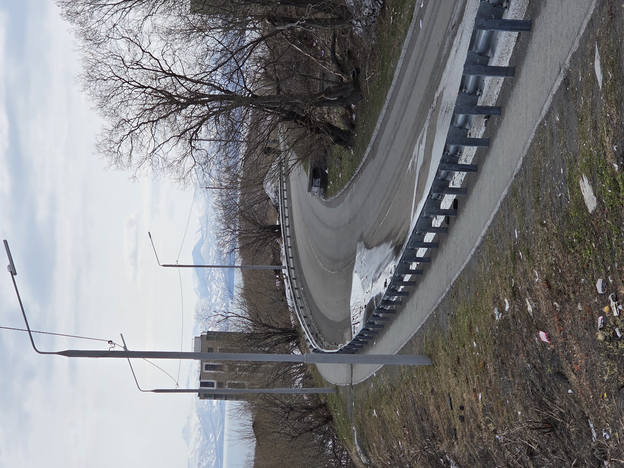 The image depicts a curved road with a metal guardrail on the right side. Puddles of water are present on the road surface. The surrounding environment consists of trees without leaves, a building, and snow-capped mountains in the background. The foreground shows a grassy area with litter. Streetlights are visible on the left side of the road. The image is taken in the city of Unknown, Unknown.