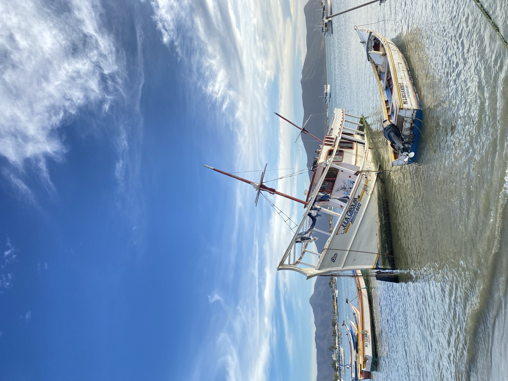 This image depicts boats at the harbor in Juan Griego, Venezuela. The boats are located close to the shore in murky water. The sky is blue with streaky white clouds. Distant mountains are visible across the water. One boat appears to be named "Julia Carolina" and another "Miliogiannis".