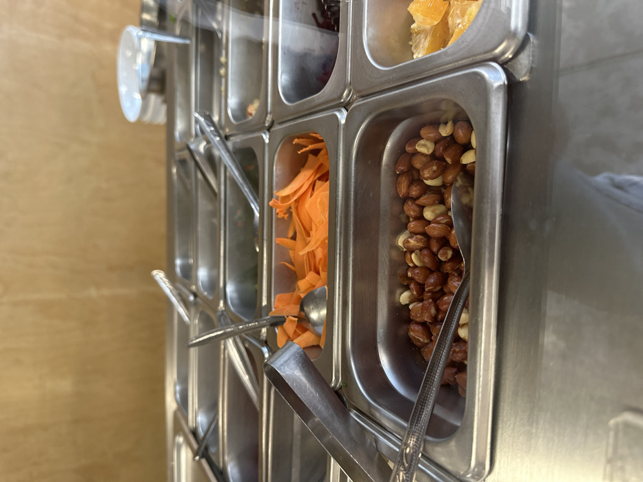 A metal salad bar with multiple compartments displays various toppings. Shredded carrots are visible in one section, and peanuts are in another. A third compartment holds orange slices, while another appears to contain a dark purple ingredient. Each section has a utensil, like a spoon or tongs, for serving. The overall presentation is clean and organized, suggesting a self-serve salad station.