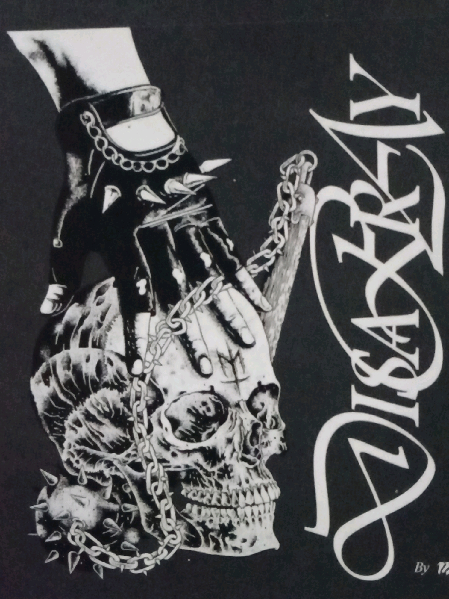 The image is a black and white illustration of a gothic-themed design. It features a spiked heel boot with a chain and spikes, resting on a skull. A hand, also adorned with gloves and chains, is shown touching the skull. The word "DISASTERLY" is written in a stylized font on the right side of the image. In the bottom right corner, text reads "By VZ". There is no discernible information or imagery related to the city of Depok, Indonesia within the provided image.