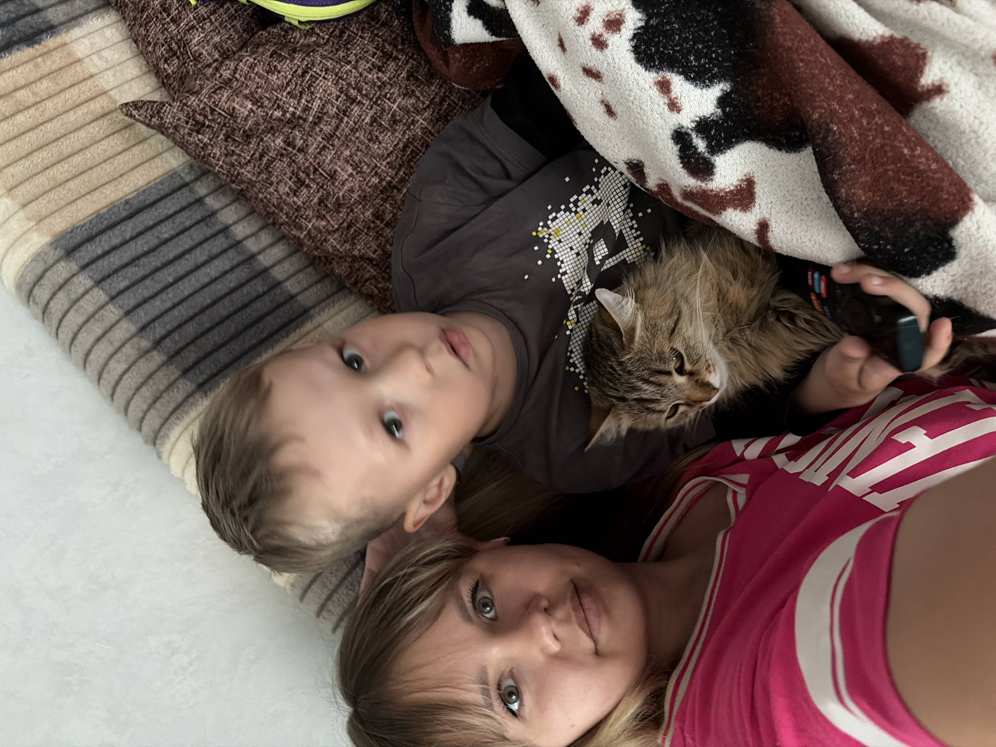In this indoor, overhead shot, a woman, a young boy, and a cat are lying on a surface covered by blankets. The woman is in the foreground, looking up towards the camera with a slight smile. She has long blonde hair and is wearing a pink and white striped shirt. Next to her is a young boy, also looking up, with wide eyes. He is wearing a dark gray t-shirt. Between the boy and a blanket with a cow-print pattern, a fluffy, brown and white cat is nestled. The cat is lying on its side, its head turned towards the boy. The boy is holding a remote control in his right hand. The scene appears to be casual and relaxed, possibly a cozy afternoon at home. The lighting suggests it is daytime, but there are no specific clues about the weather or precise time. The blankets provide a soft and comfortable setting. The people and the cat seem to be sharing a quiet moment together.