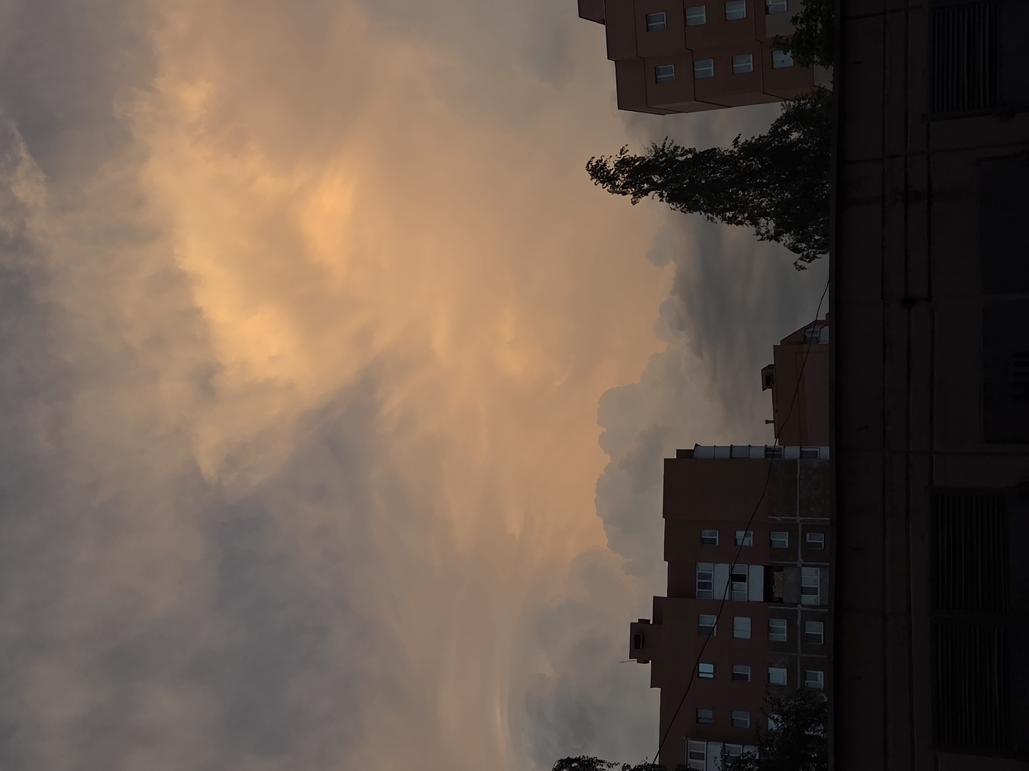 The image depicts a cloudy sky at sunset, with the light reflecting orange tones. Buildings are visible on either side of the sky, with trees interspersed. The buildings appear to be apartment buildings, constructed of brick or concrete. The location is an urban area, likely in a city.