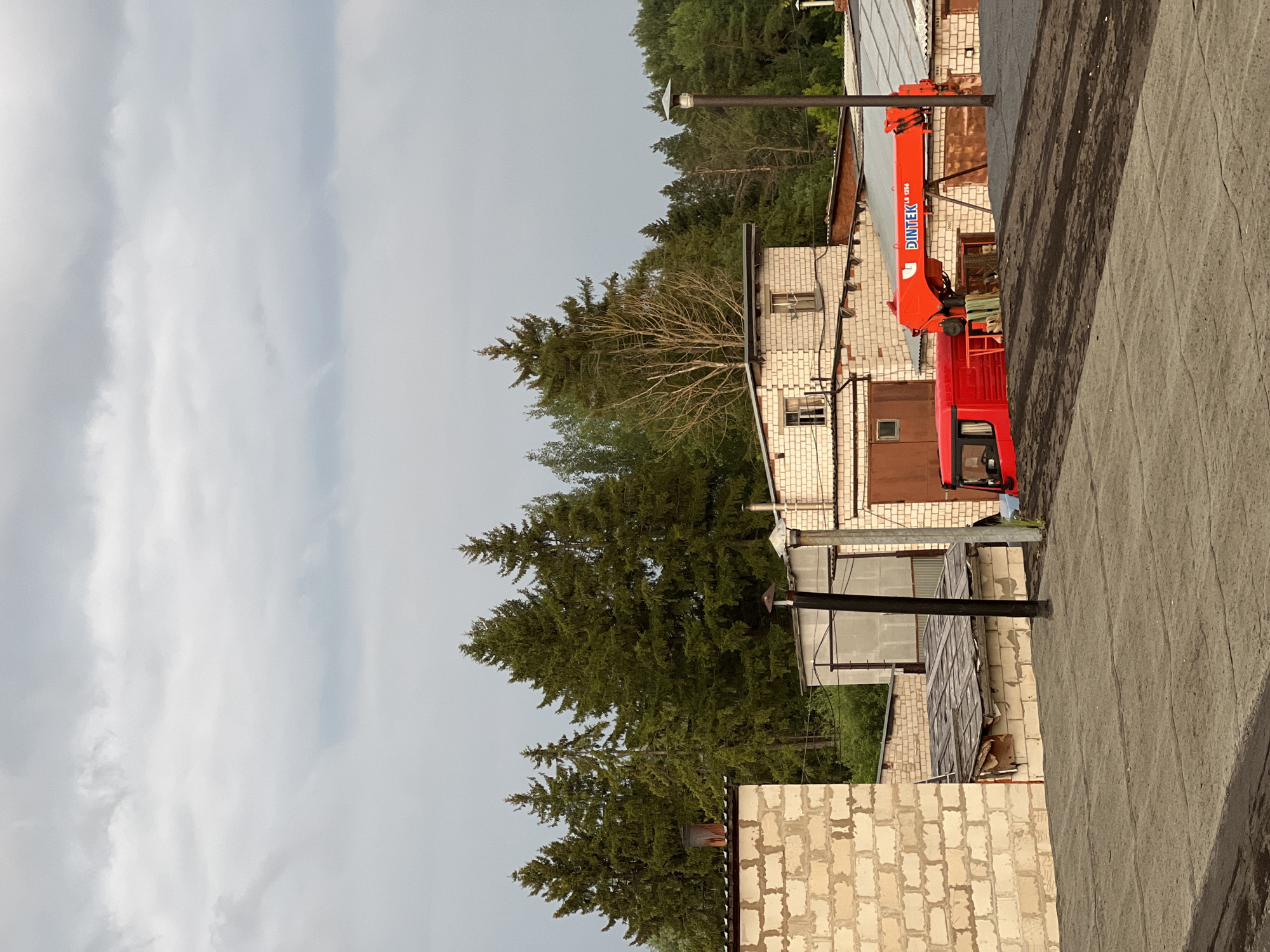 This is a landscape photograph, taken with a vertical orientation, of an industrial or storage area with buildings constructed of light-colored brick and some corrugated metal roofing. A prominent red truck with a crane attachment is parked in front of one of the buildings. The crane has "DINTEK LS 256" written on its side in white lettering. Tall evergreen trees are visible behind the buildings, suggesting a possibly rural or semi-rural setting. The sky is overcast with large clouds, and the overall lighting indicates it is daytime, likely morning or late afternoon, with diffused light. The ground in the foreground appears to be paved with a textured material. The scene seems to be devoid of people, and the overall atmosphere is neutral and functional. The location context provided is Veteran-2, Russia.