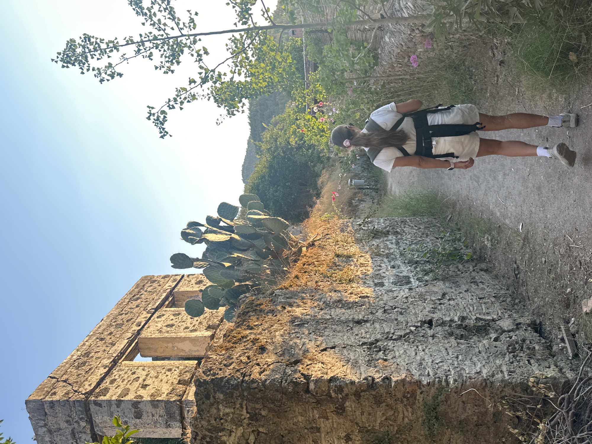 In Fethiye, Turkey, a young woman wearing a white t-shirt, white shorts, a baby carrier, and sneakers walks along a dirt path next to an ancient stone wall. The wall is overgrown with prickly pear cactus. In the background, lush green trees and hills under a clear blue sky create a picturesque scene. The sun casts a warm glow on the stone structure, highlighting its weathered texture and rustic charm.
