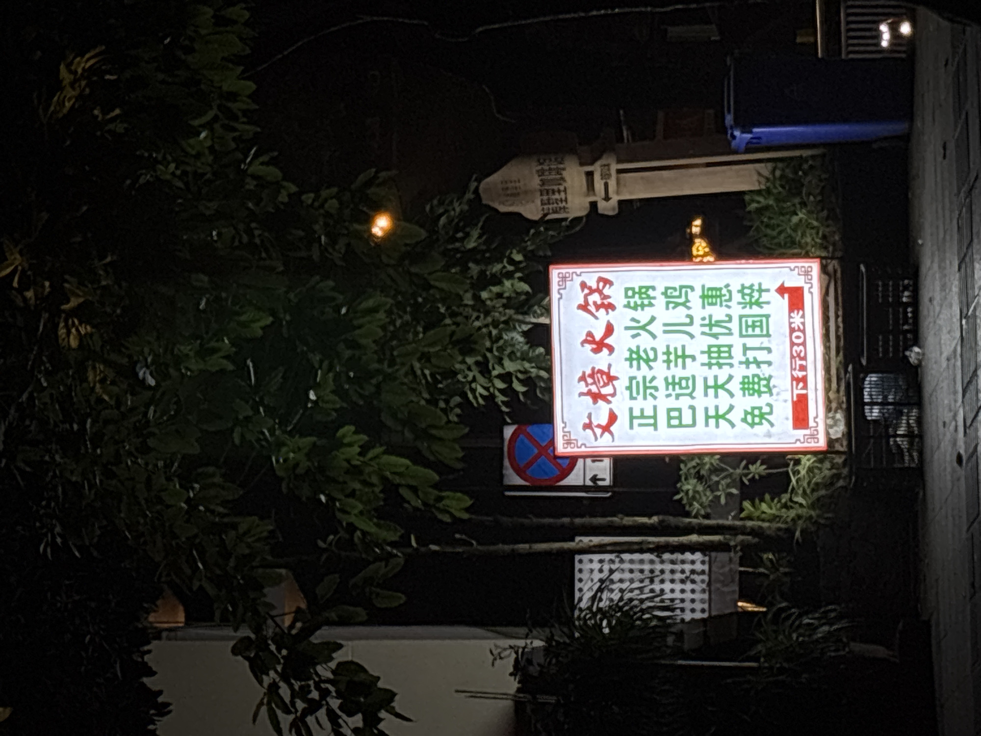 Here is a description of the image:
The image, taken at night, features a restaurant sign that reads "文樟火锅" (Wenzhang Hot Pot) in Nan'an District, Chongqing, China. The sign also advertises "正宗老火锅巴适芋儿鸡优惠抽国粹免费打30米" which translates to "Authentic Old Hot Pot Delicious Taro Chicken, Special Offers Draw Chinese Essence, Free Hits 30 Meters". A no parking sign is positioned to the left and slightly below the restaurant sign. Dense foliage partially obscures the restaurant sign.
