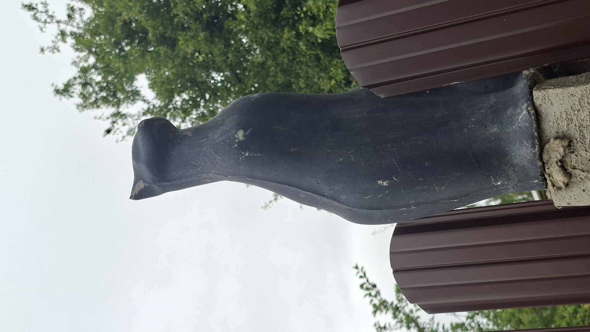 A black, weathered statue of a cat stands on a concrete base between two brown corrugated metal fences. The cat statue is seen from a low angle, with its head tilted upwards and to the right. The top of its head appears chipped. Green foliage and a cloudy sky are visible in the background. The statue is located in Забалоцкі сельскі Савет, Belarus.