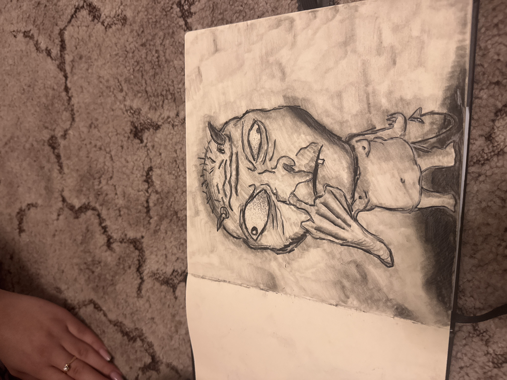 A charcoal sketch on paper depicts a grotesque, cartoonish figure. The figure has a large, wrinkled head with prominent, bulging eyes and small, pointed horns. Its nose is long and bulbous, with a mustache above its mouth, which reveals two small, square teeth. A hand is raised to the nose, obscuring part of the face. The figure has a small, rounded body and stubby limbs, with a devil's tail curled at its side. The sketch is rendered in shades of grey and black, with visible charcoal smudging and texture. The paper is slightly yellowed and appears to be from a sketchbook, as the left side is blank and the right side shows the drawing. The sketchbook is lying open on a textured carpet. A woman's hand, adorned with a ring and painted nails, is visible in the upper left corner of the image, resting on the carpet. The carpet has a pattern of dark, irregular lines on a lighter background. There is no indication of the city of Yegorlykskaya, Russia, in the image.