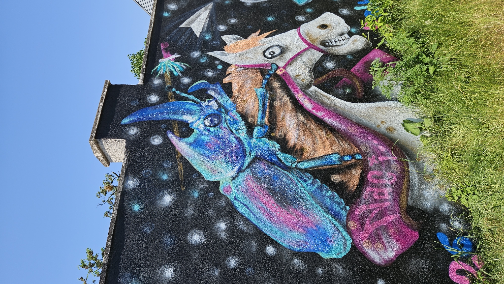 A graffiti mural is depicted on a textured, black wall under a bright blue sky. The artwork features a large, iridescent blue and purple rhinoceros beetle with a prominent horn, riding on the back of a whimsical, cartoonish white horse. The horse has wide, surprised eyes, an open mouth showing teeth, and a mane of orange and brown hair. The beetle is holding reins that connect to the horse's head. A pink and purple banner or scarf is draped around the horse's neck, with the word "Naori" written on it in pink graffiti lettering. The background of the mural is dark with scattered white and blue glowing orbs, resembling stars or bubbles. To the right, a stylized paper airplane is visible. The wall is topped with a weathered, concrete coping. In the foreground, lush green grass and some leafy plants grow at the base of the wall. The mural is located in Prešov, Slovakia.