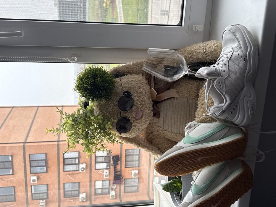 The image captures a windowsill scene against an urban background in Unknown, Unknown. A large, light brown plush bunny is seated centrally on the white windowsill, outfitted with dark circular sunglasses, an artificial green foliage arrangement on its head, and a spiky green spherical decoration by its right ear. A brown ribbon is tied around its neck. To the bunny's left, a pair of light grey and mint green Nike sneakers with brown rubber soles are positioned upside down. A potted snake plant in a dark grey pot is partially visible further to the left. To the bunny's right, an empty clear wine glass leans against its body, and a single grey Adidas sneaker with a chunky white sole stands upright on the windowsill. The background, visible through the window, depicts a multi-story reddish-orange brick apartment building on the left, featuring numerous windows, external air conditioning units below many, and clothes hanging to dry from a lower-level window. The right side of the outdoor view shows a green landscaped area with distant playground equipment and a building, all under an overcast sky. A white window frame and a translucent blind pull chain are also visible.
