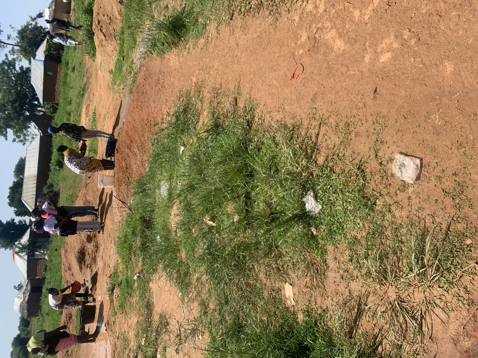 In Buga da Gindi, Nigeria, a group of individuals are gathered near a water source, which appears to be a shallow, muddy area. The ground is a reddish-brown earth, with patches of green grass growing sporadically. Several people are engaged in activities related to water collection. One person, wearing a yellow shirt and pink shorts, is carrying a child on their back. Another individual, dressed in a white and patterned skirt, is using a red basin to scoop water from the muddy ground. To the right, a group of women are standing, some observing the water collection. In the background, several thatched-roof huts are visible, suggesting a rural or semi-rural settlement. The overall scene depicts a community engaged in a common task, likely obtaining water for domestic use.