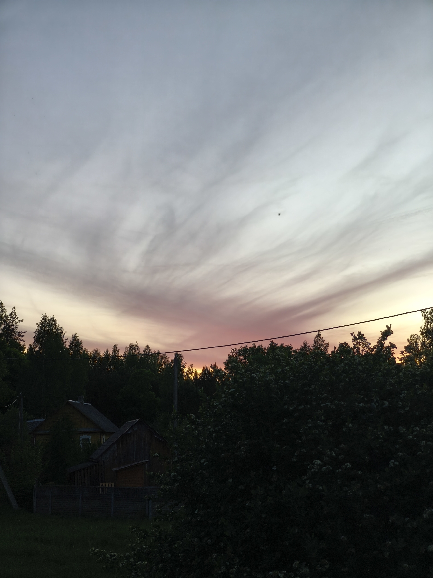 The image shows a sunset view in Парэчча, Belarus. The sky is filled with streaky clouds tinged with pink and yellow hues. Below the horizon, a dense line of trees stretches across the frame. In the foreground, a partially obscured wooden house is visible behind a fence, surrounded by vegetation. Power lines extend horizontally across the scene.