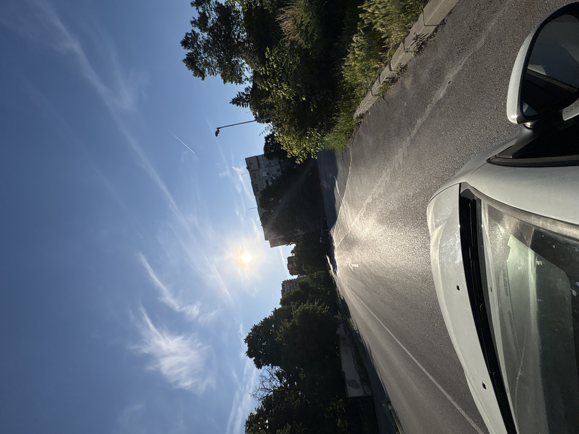 The image captures a street scene in Vratsa, Bulgaria, during a sunny day. The perspective is from inside a white car, looking forward. The sun is high in the clear blue sky, with some wispy clouds. A contrail from an airplane is visible.
The road ahead is asphalt and curves slightly upwards. The sun's glare creates a bright reflection on the wet surface of the road, indicating recent rain or dew. A white arrow, likely a road marking, is visible on the road.
On either side of the road, there are trees and vegetation. To the left, there is a low wall and dense trees. To the right, more trees and bushes line the road, with a curb and a patch of tall grass. In the background, a multi-story residential building is visible on the left, and another building further down the road on the right. A street lamp stands on the right side of the road. The overall impression is a sunny day on a residential street, likely in the morning or late afternoon given the sun's position.