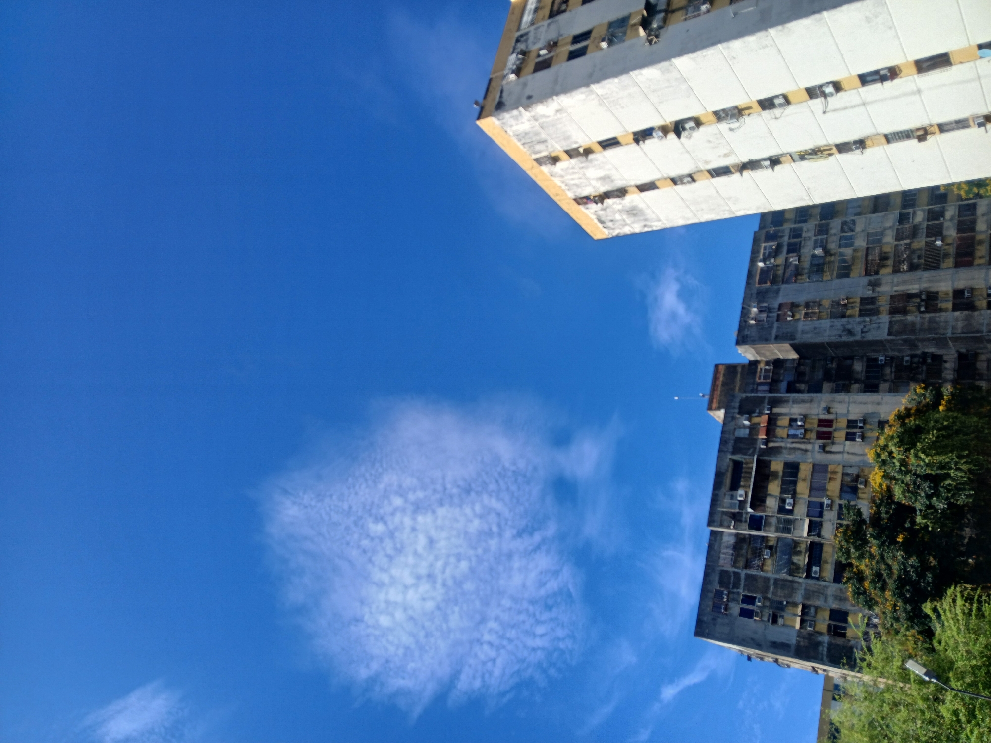 The image shows a view looking up at two tall buildings against a clear blue sky with some wispy clouds. The buildings are of different styles; one is white with a yellow-gold trim and numerous rectangular windows, and the other is gray with multiple rows of windows and several air conditioning units protruding. Green trees and foliage are visible near the base of the gray building. The image is angled upwards, giving a sense of the height of the structures. The location is Ciudad Guayana, Venezuela.