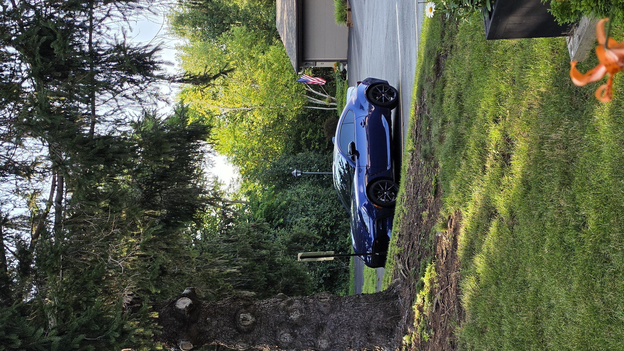 A dark blue coupe is parked on a paved surface next to a grassy area and a large tree on the left. In the background, there is a residential garage with an American flag on a pole. The scene is outdoors during the daytime, with sunlight filtering through the trees and illuminating the grass. The location is the city of Elgin, United States of America.