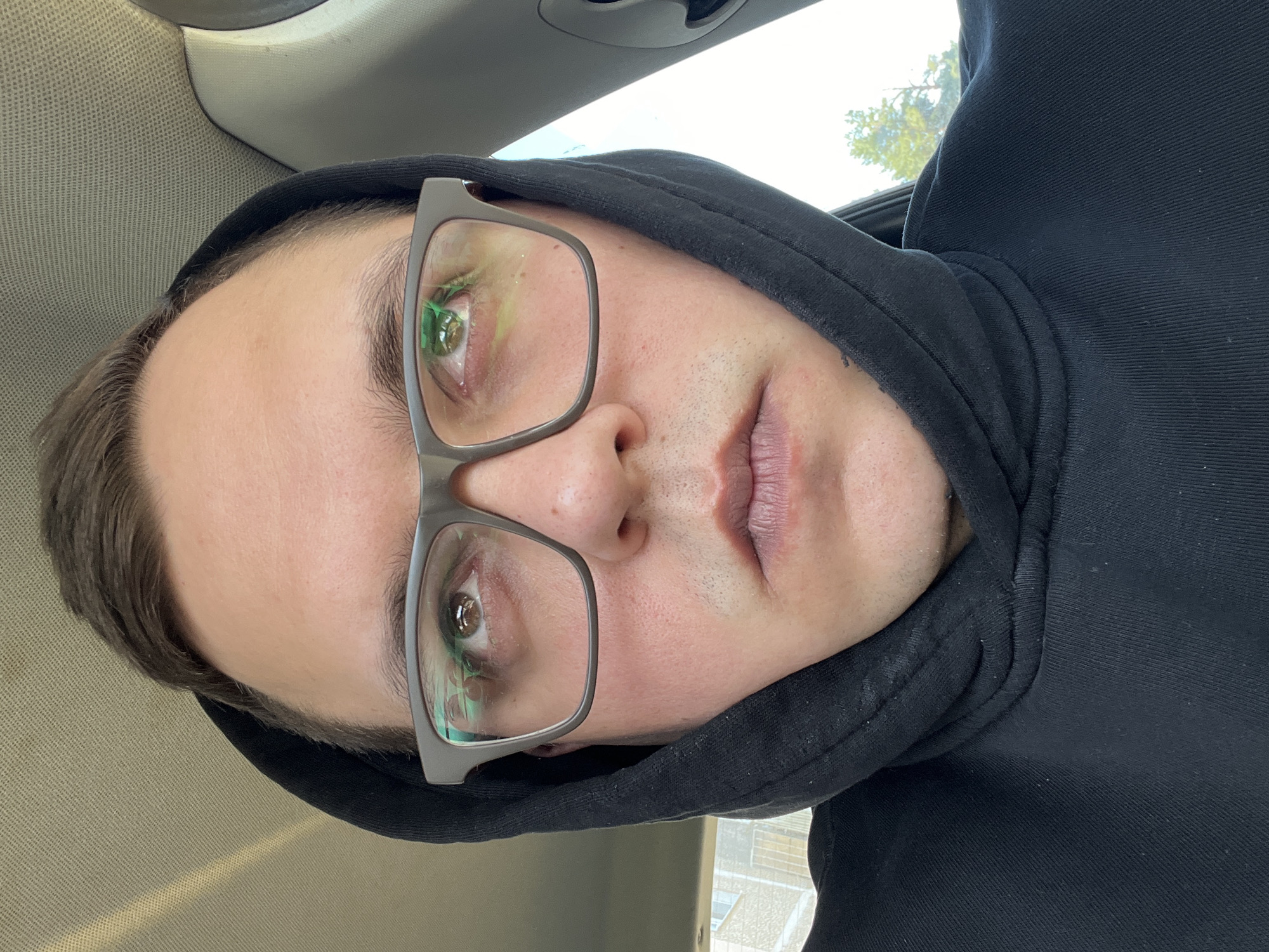 A person is depicted in a close-up, upward-tilted shot, possibly a selfie taken inside a car during daytime. The subject, who appears to be male with a light skin tone, short dark hair, and some facial stubble, is wearing a black hooded sweatshirt and grey-framed eyeglasses. Their expression is neutral.
Notable details include green reflections visible in the lenses of the eyeglasses, possibly from the car's interior or ambient light. The interior of the car is visible around the subject, including a beige textured headliner and a window frame. Outside the car window, a bright sky and part of a tree with green foliage are visible, indicating daylight. The fabric of the black hoodie appears thick and textured, possibly ribbed. There is no visible text in the image. The provided location context for this image is Раздолье, Russia.