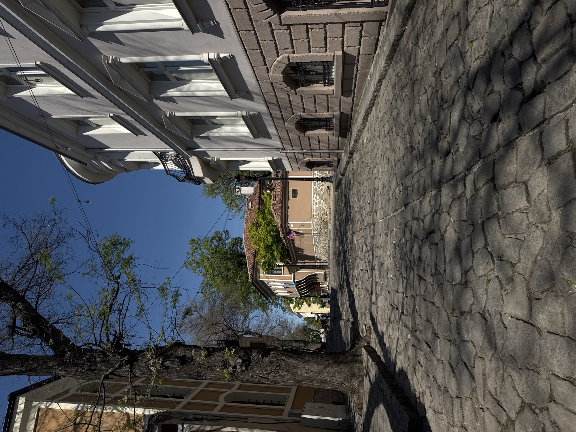 The image captures a street scene in Plovdiv, Bulgaria, likely located in the old town area. The road is paved with gray, irregular cobblestones. Flanking the street are buildings with varying architectural styles. One building is white with multiple windows and classical architectural elements. Adjacent to it is a stone-clad building with arched windows and wrought iron details. The scene includes trees, some of which are casting shadows on the street. The sky is blue. People are visible further down the street.