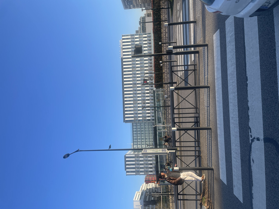 The image displays a modern urban street scene in Montigny-le-Bretonneux, France, under a clear, bright blue sky. A wide asphalt road dominates the lower frame, marked with a prominent white zebra pedestrian crossing. On the far right, the rear bumper and license plate of a white vehicle are partially visible, positioned near the crosswalk. A series of black metal barriers with vertical posts and white caps separates the road from the sidewalk, with some sections featuring X-shaped bracing.
A male pedestrian walks leftward on the sidewalk, positioned in the left-midground. He wears a brown jacket over a lighter garment, light-colored trousers, and a dark hat, carrying a dark backpack. Directly behind him, a tall black streetlight with two luminaires stands. Further along the sidewalk, a public information panel is visible, and in the distance, a red traffic light is active.
The background is defined by large, multi-story commercial or office buildings under direct sunlight, casting distinct shadows. The most prominent building features a facade with alternating vertical stripes of light grey/silver panels and numerous windows. To its left, another similar building is visible, and further left, a white building with visible balconies or recesses. Sparse landscaping with low hedges and ground cover is present between the pedestrian area and the buildings. Several indistinct figures are visible in the far distance, near what appears to be a public transport stop at the base of the main building.