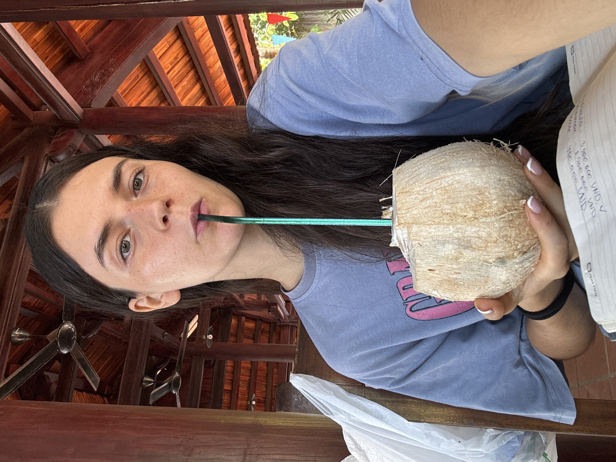 A woman is drinking from a coconut in Mũi Né, Vietnam. She is wearing a light blue t-shirt. Her dark hair is down. She is holding the coconut with her left hand and drinking from it with a green straw. The coconut has had the top chopped off. The background shows a wooden ceiling and beams. There are ceiling fans mounted on the beams.