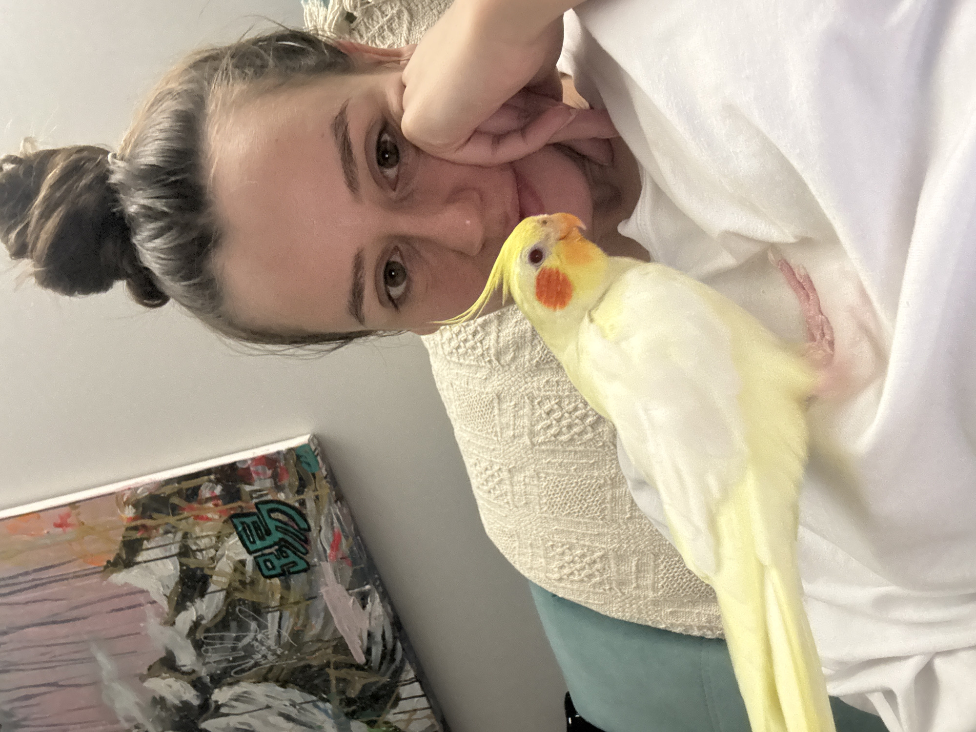 A woman with her hair in a bun is posing for a selfie with a yellow cockatiel. The woman's left cheek rests on her hand. The bird is perched on her chest. A painting is partially visible in the lower left corner of the frame. The location is not discernible and cannot be determined to be in Krasnoyarsk, Russia.