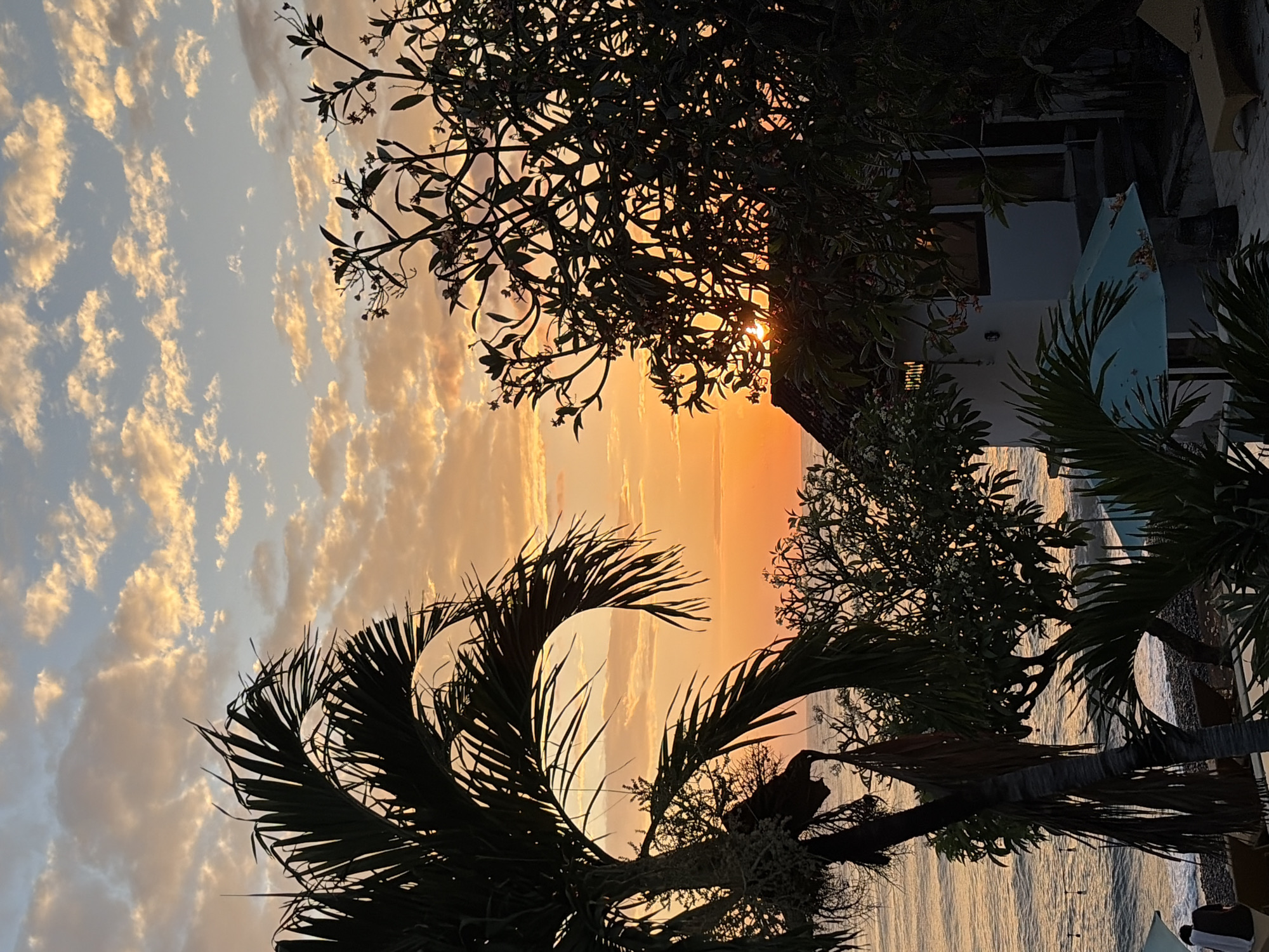 A sunset is captured over the ocean from a tropical location. The sky is a vibrant gradient of orange and yellow, with scattered clouds tinged with pink and gold. In the foreground, silhouetted palm trees frame the scene. To the right, a frangipani tree with dark foliage partially obscures a white building with a dark roof and steps leading up to a doorway. The building appears to be situated on a slight incline. The ocean is visible in the background, with gentle waves rolling towards a pebble beach. A light blue umbrella and lounge chairs are present on the beach, suggesting a resort or private residence. One person, wearing dark clothing, is seated on a lounge chair in the lower left portion of the image, facing away from the camera. The overall atmosphere is serene and picturesque, characteristic of a tropical evening in Abang, Indonesia.