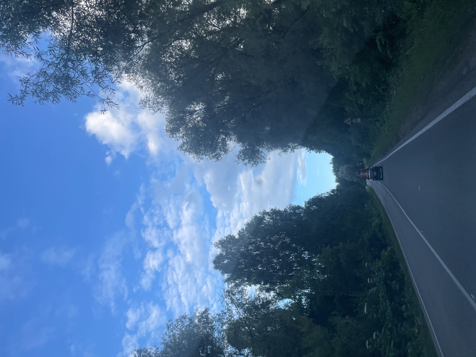 The image depicts a road winding through a dense, green forest. The road has a white line marking its center. On the right side of the road, lush trees and vegetation line the edge. On the left side, the view opens up to a bright blue sky dotted with white, fluffy clouds. The trees on the left are taller and more prominent, arching over the scene.
In the distance, a small red vehicle, possibly a truck or van, is visible on the road, traveling away from the viewer. A triangular road sign with a symbol is also present on the left side of the road, partially obscured by foliage.
The image appears to have been taken from a moving vehicle, given the perspective and the slight blur in some areas. The lighting suggests it is daytime, likely late morning or afternoon, with the sun illuminating the sky and casting shadows within the trees. The overall atmosphere is serene and natural, suggesting a drive through a rural or forested area. The location context provided indicates this scene is in Kamstoye, Russia.