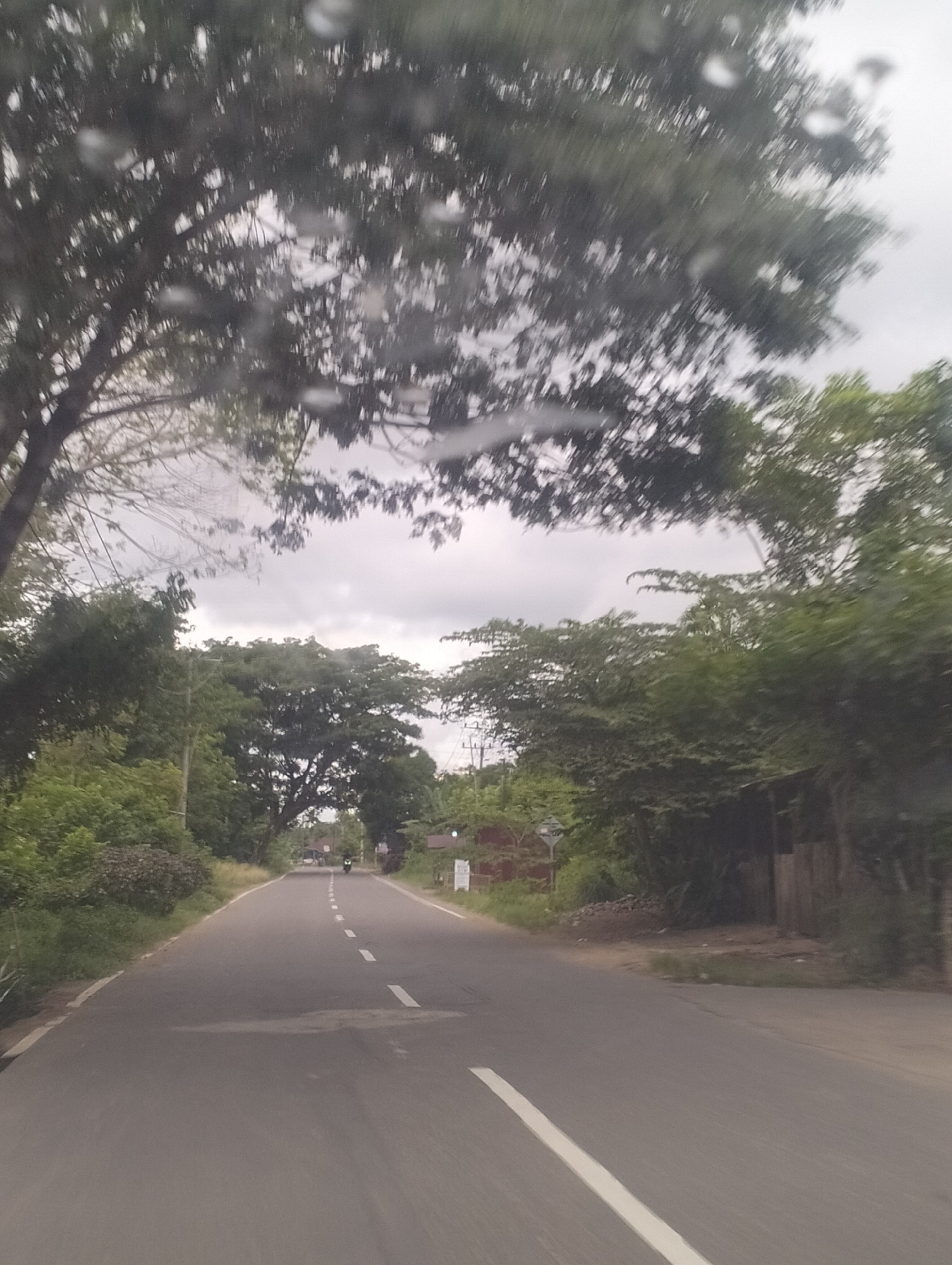 The image depicts a rural road in Payadua, Indonesia, on an overcast day. The road is paved and has dashed white lane markings. Dense foliage lines both sides of the road, with a variety of trees and bushes. In the distance, a single motorcycle is visible, suggesting sparse traffic. The overall impression is of a quiet, somewhat isolated environment, with the presence of rain drops on the camera lens adding a dynamic, atmospheric element to the scene.
