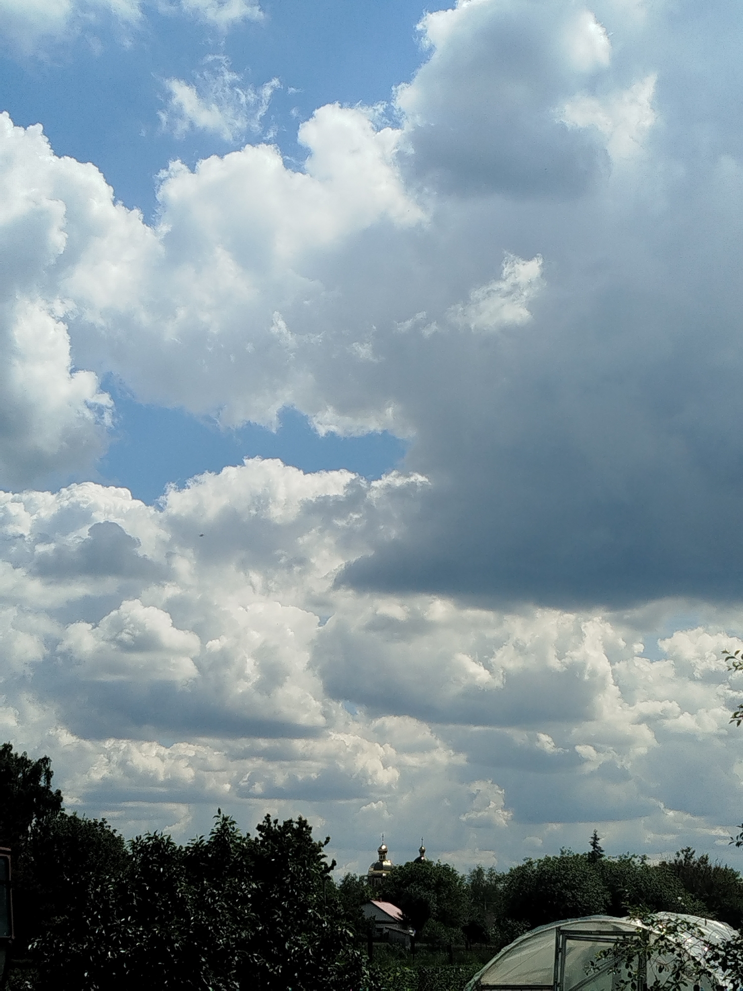 The image presents a daytime outdoor scene, dominated by an expansive and dynamic sky over a green landscape. The sky is filled with a dramatic mix of clouds, featuring bright white, fluffy cumulus clouds interspersed with larger, darker grey clouds, suggesting varied weather conditions or an approaching/receding weather front. Patches of clear, light blue sky are visible between the cloud formations.
The lower third of the image is occupied by dense, dark green foliage from trees and bushes, which form a natural horizon line. Peeking above the treeline in the middle-left, the distinctive golden domes (cupolas) of an Orthodox church or monastery are visible, shimmering faintly. Below these domes, a small house with a reddish roof is partially obscured by the trees. In the bottom right corner, the arched, translucent roof of a greenhouse is partially visible, hinting at a garden or agricultural setting. A dark, indistinct structure, possibly part of a building or a window, is present on the far left.
The scene is tranquil and devoid of human activity. The time of day appears to be during daylight hours, likely mid-day or afternoon, given the light. The presence of the golden-domed church aligns with the location context of Ustyvytsia, Ukraine, suggesting a rural or semi-rural setting. There is no visible text in the image.