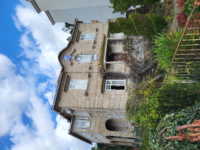 The image depicts a two-story residential building constructed primarily of rough-hewn granite blocks, located in the city of São Pedro do Sul, Portugal. The structure features a tiled roof and numerous white-framed, multi-paned windows, some of which are open. The central upper facade includes an arched window flanked by rectangular windows, with a decorative blue and white *azulejo* tile panel featuring a shell motif above the arched window, and another tile panel below it. A covered entrance porch with a wooden door is accessed via stone steps partially covered by vegetation. The left side of the building exhibits multiple arched openings. To the immediate right, a plain, light-colored modern building is partially visible. The foreground consists of a densely vegetated garden area, including various shrubs, greenery, and sculpted spiral-shaped topiaries. A rusted metal fence or railing runs horizontally across the lower foreground. The sky above is blue with scattered white cumulus clouds. No individuals are present in the scene.
