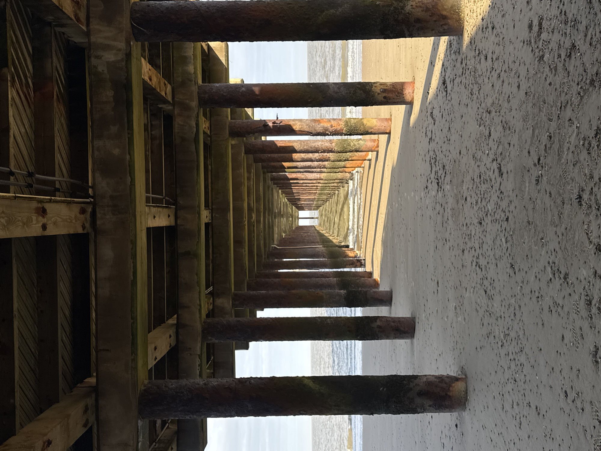 The image shows a perspective view under a pier, likely in East Suffolk, United Kingdom, due to the sand and water. The pier's structure is made of timber and metal beams supported by rusted metal pilings that extend into the sand. The sand is visible on the right side of the frame, and the sea is visible through gaps in the pier's support structure. The pier's infrastructure, timber and metal beams, cast shadows on the sand. The image is a long perspective shot, and the details become less clear toward the end of the pier. There are no people visible in the frame.