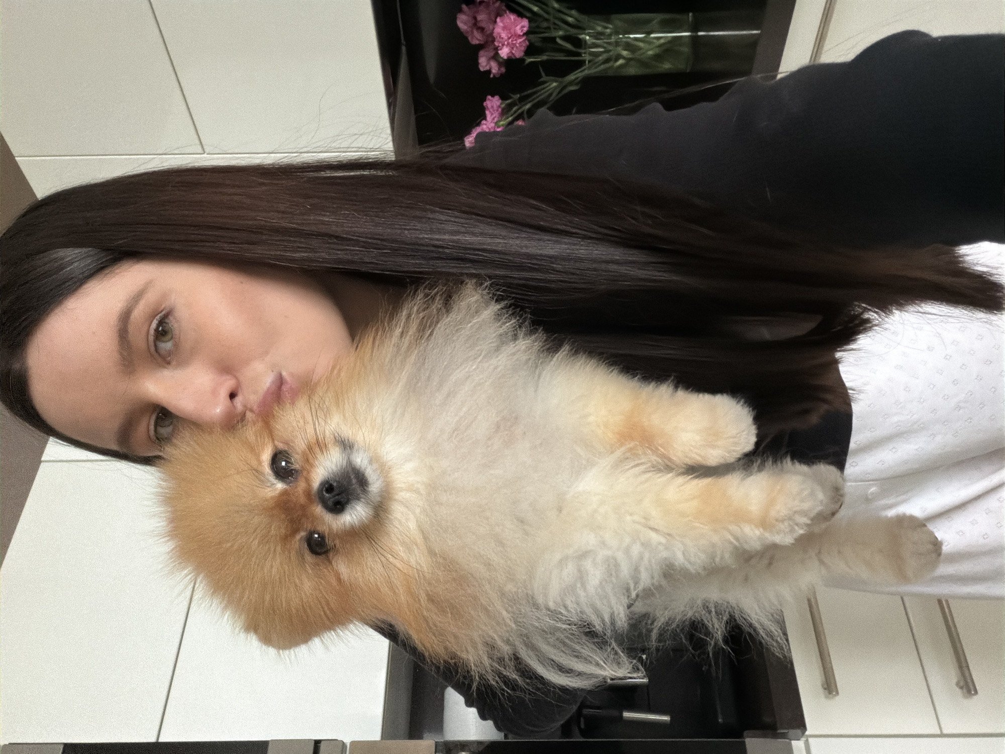 The image, rotated 90 degrees clockwise, captures a woman taking a selfie with her pet dog indoors in Khimki, Russia.
The primary subjects are a young woman and a small, fluffy dog. The woman, with long, dark brown hair, is seen on the left side of the frame, with her head tilted. She has light-colored eyes and appears to be making a slight puckering gesture with her lips, possibly a kiss or a playful pose. She is wearing a dark, possibly black, garment. Cradled close to her face is a small, light orange and cream-colored dog, likely a Pomeranian, which looks directly at the camera with dark, curious eyes and a small black nose. Its fur is dense and fluffy.
The background suggests an indoor setting, likely a home or apartment. On the upper right, behind the woman's head, are a few pink flowers, possibly carnations, in a dark container or vase. The rest of the background consists of various white and dark surfaces, resembling modern cabinets, countertops, or walls. A section of white fabric with a subtle repeating pattern is visible in the lower right, possibly a blanket or part of an outfit.
The activity depicted is an affectionate moment between the owner and her pet, captured in a close-up selfie. The overall mood is warm and intimate. No specific time of day or weather can be determined from the indoor lighting. There is no visible text in the image.