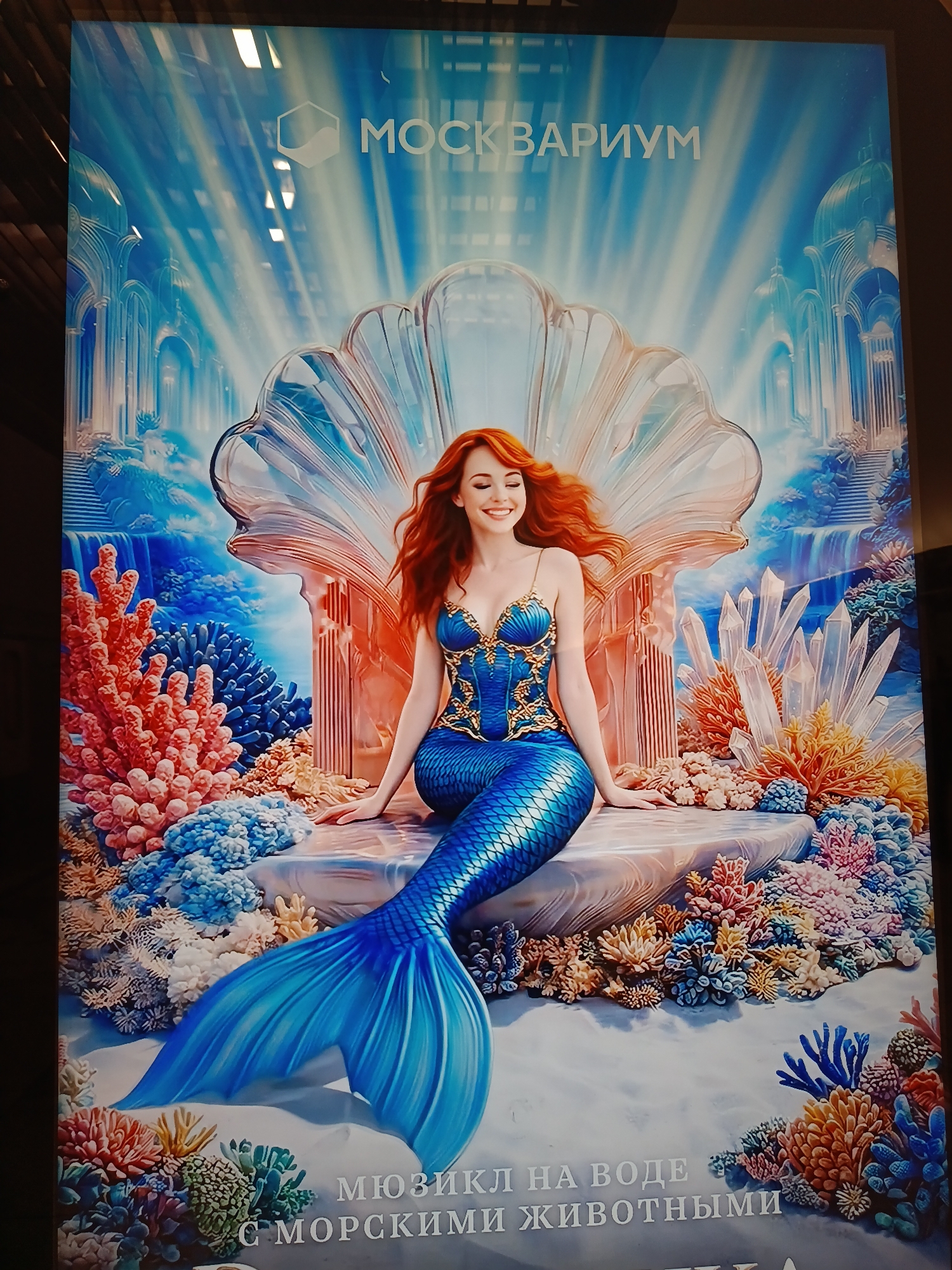 The image is a poster of a mermaid for "Москвариум," likely a Russian aquarium or oceanarium. The mermaid has red hair, a blue and gold corset-style top, and a blue scaly tail. She sits on a rock surrounded by various corals and marine flora. Behind her is a large, pearlescent seashell and a backdrop featuring a grand hall with waterfalls and crystals. The bottom of the poster features text in Russian. The location of the poster is unknown.