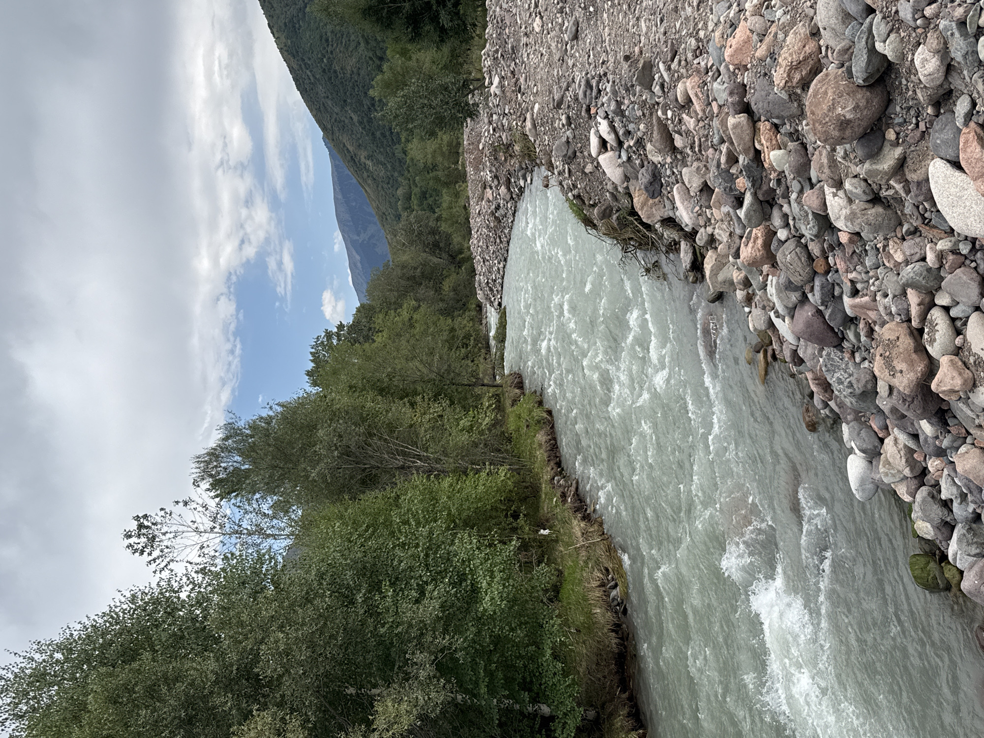 A fast-flowing, wide river with milky-green water curves from the left foreground to the middle ground. The riverbanks are steep and lined with trees and vegetation. The left bank is densely wooded with lush green trees. The right bank is covered with a thick layer of grey, brown, and pink rocks of varying sizes. In the background, the river winds through a valley flanked by tree-covered mountains. The sky is overcast with large, grey clouds and patches of blue sky. The scene appears to be in a natural, mountainous environment, possibly in or near Leskhoz, Kazakhstan, given the implied location. There are no people visible in the image.