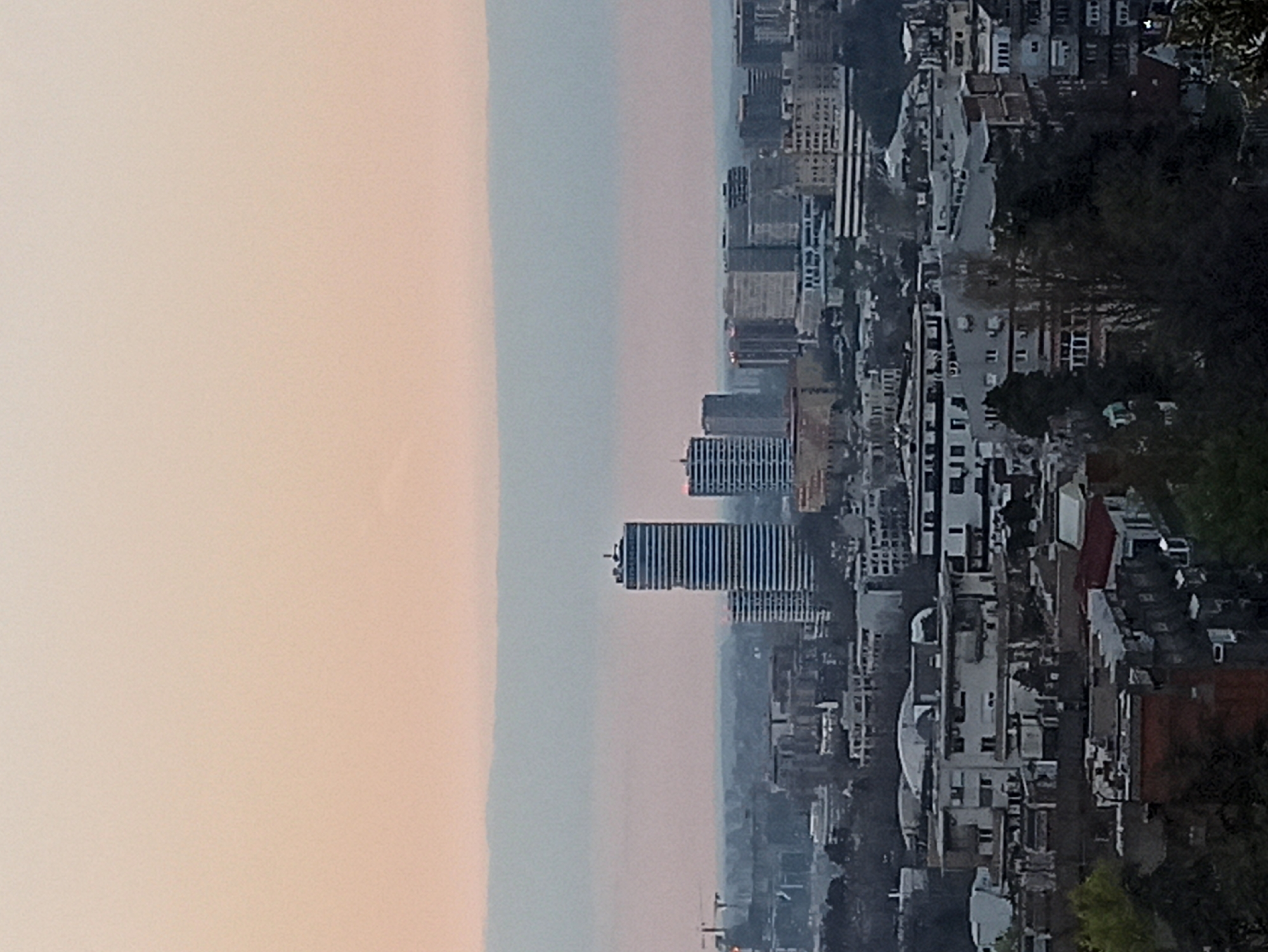 The image shows a hazy cityscape at dusk or dawn, likely taken from an elevated vantage point in Vozdovac Urban Municipality, Serbia. The sky transitions from a pale orange/pink to a misty gray. Several high-rise buildings dominate the mid-ground, with one particularly distinctive skyscraper showing vertical lines. Closer to the right edge, the city transitions into a dense urban area with a mix of residential and commercial buildings. Trees are visible on the far right, suggesting a park or green space nearby. The buildings are mainly constructed of concrete and glass. There are no people visible in the image. There is no interaction between subjects or objects. The general environment is hazy.