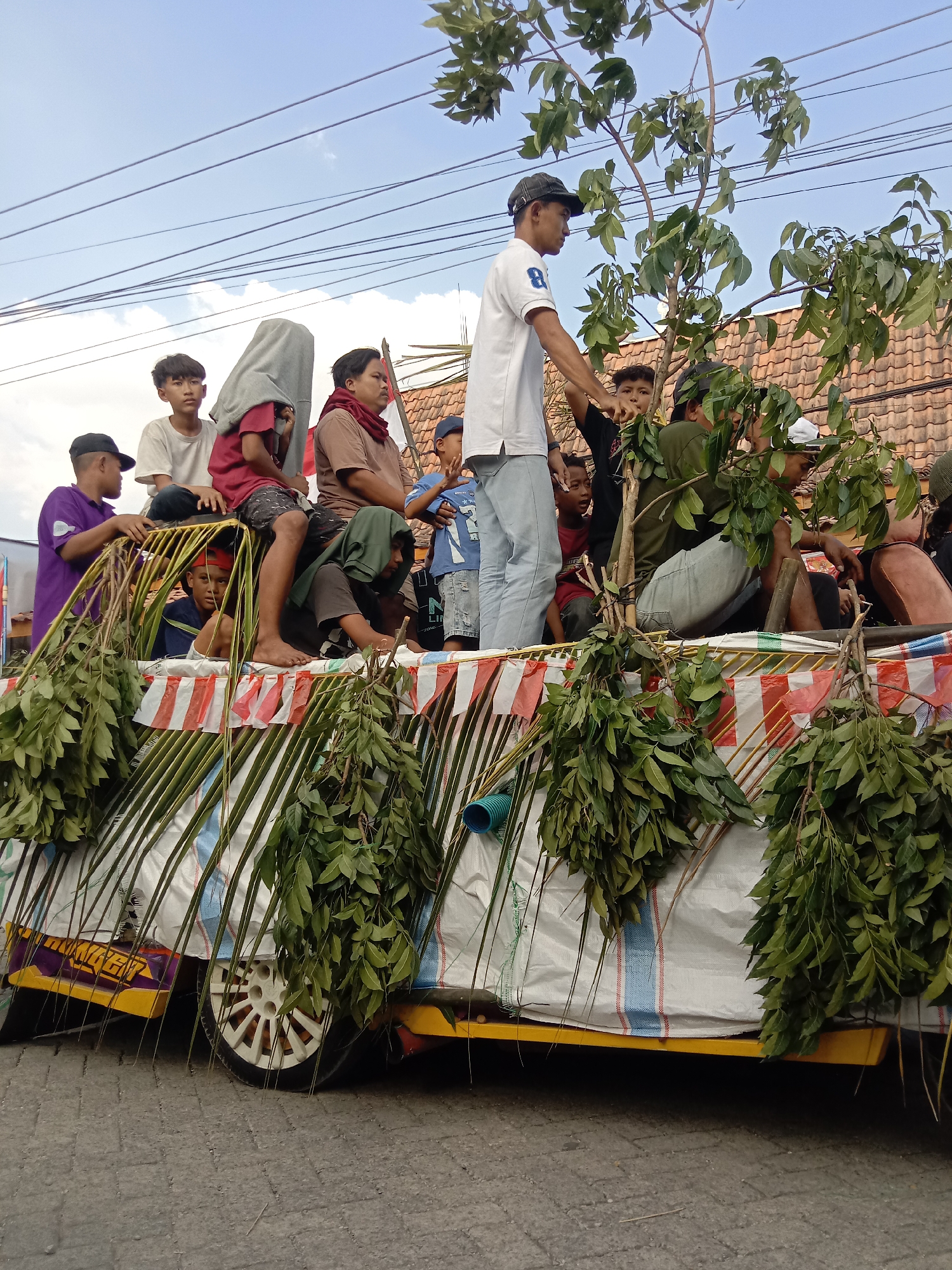 A group of young men and boys are riding on a decorated flatbed truck, possibly as part of a parade or procession, in Wirosari, Indonesia. The truck is adorned with green foliage, palm fronds, and striped fabric. The sky is cloudy with power lines visible. The men and boys are dressed in casual clothing, some wearing head coverings. They appear to be looking in various directions, some interacting with each other, while others are looking out at an unseen audience. The overall scene suggests a festive or celebratory occasion.
