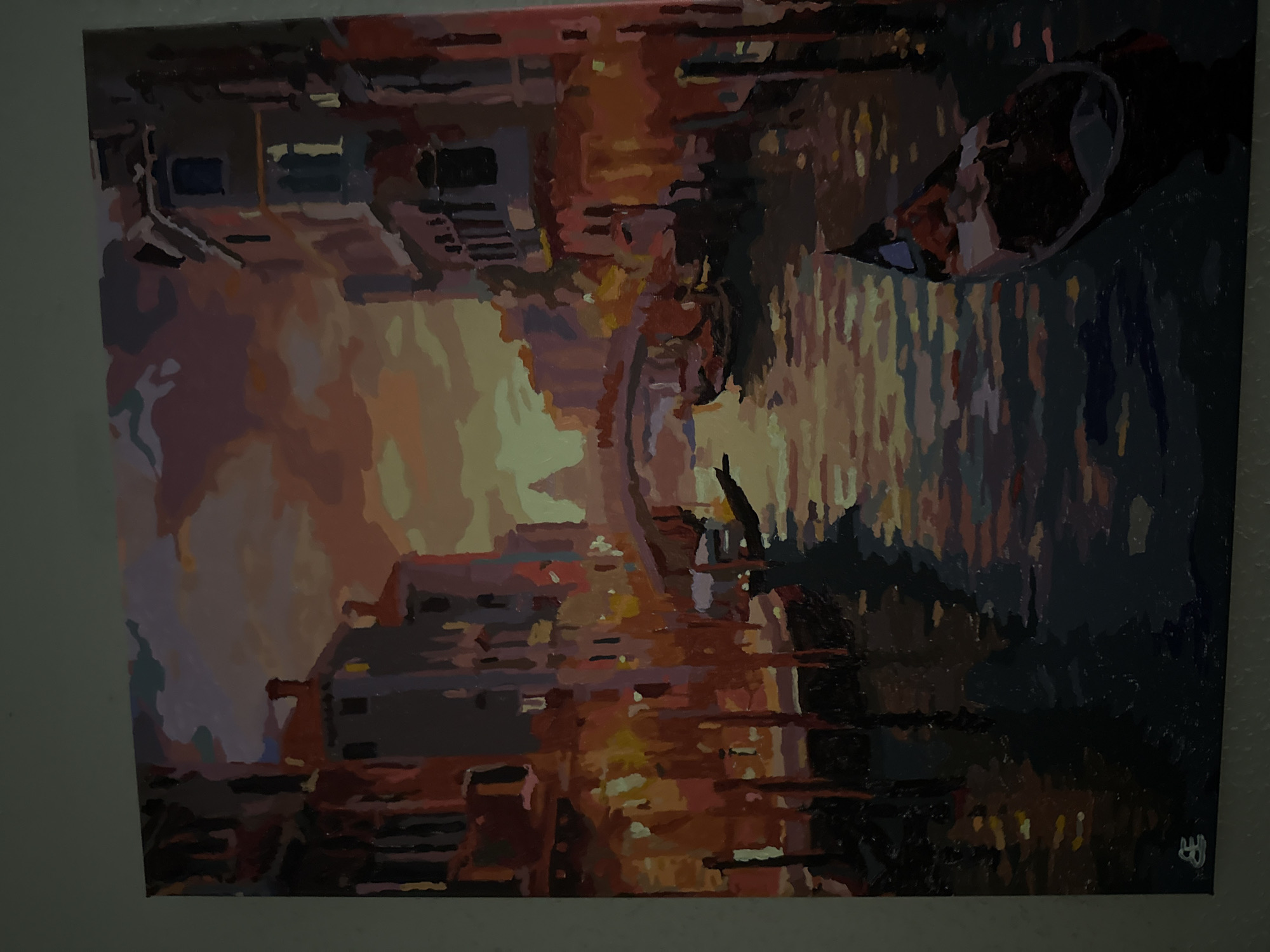 The image depicts a painting of a Venetian canal scene at dusk. Tall, narrow buildings line the canal, with warm, golden lights illuminating their windows. A bridge arches over the canal in the distance, and a silhouette of a domed building is visible beyond it. Several gondolas are present, one in the foreground with two figures seated within it. The water reflects the colors of the sunset and the surrounding architecture, creating a shimmering effect. The painting style is impressionistic, with bold brushstrokes and a vibrant color palette. The scene is not located in Hamburg, Germany.