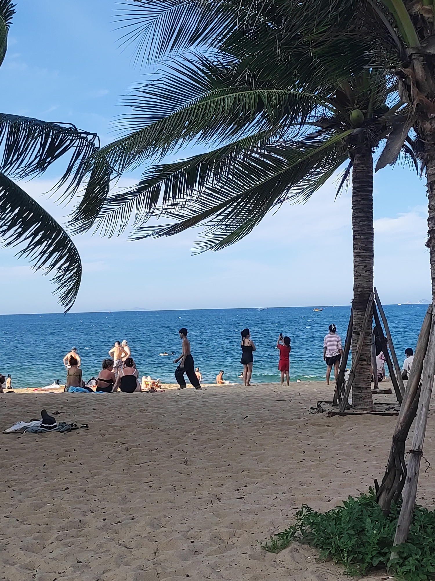 The image depicts a sunny day at a beach in Nha Trang, Vietnam, with several people engaged in various activities. The foreground is dominated by a sandy beach, with scattered debris and a cluster of green plants on the right. In the middle ground, a blue ocean stretches to the horizon, dotted with a few boats and distant landmass. A line of palm trees, with their fronds casting shadows, frames the scene from the top and right.
On the beach, various individuals are present. Some are sitting on the sand, possibly sunbathing or relaxing. Others are standing or walking. One person in the center of the image is walking towards the right, while a group of people is gathered closer to the water's edge. A person in a red dress is holding up a phone, seemingly taking a photo. There are also a few individuals in swimwear, indicating a typical beach scene. The overall atmosphere appears relaxed and leisurely, with people enjoying the tropical environment.