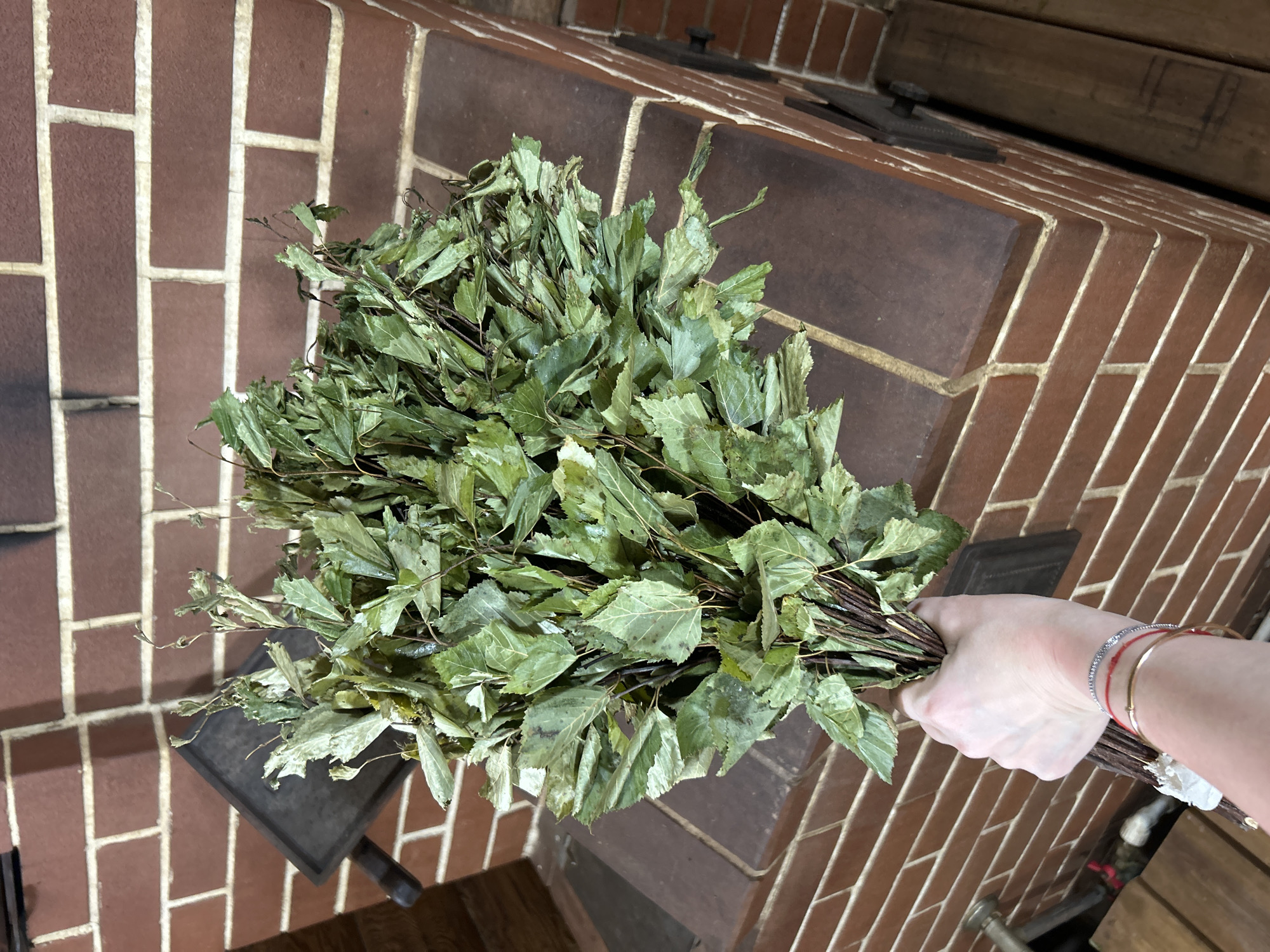 A hand holds a bundle of dried birch branches with green leaves, presumably a bath broom (venik). The background features a brick structure that could be a stove or a fireplace. The scene appears indoors. It is unknown whether the location is in the city of Ольховка, Russia.